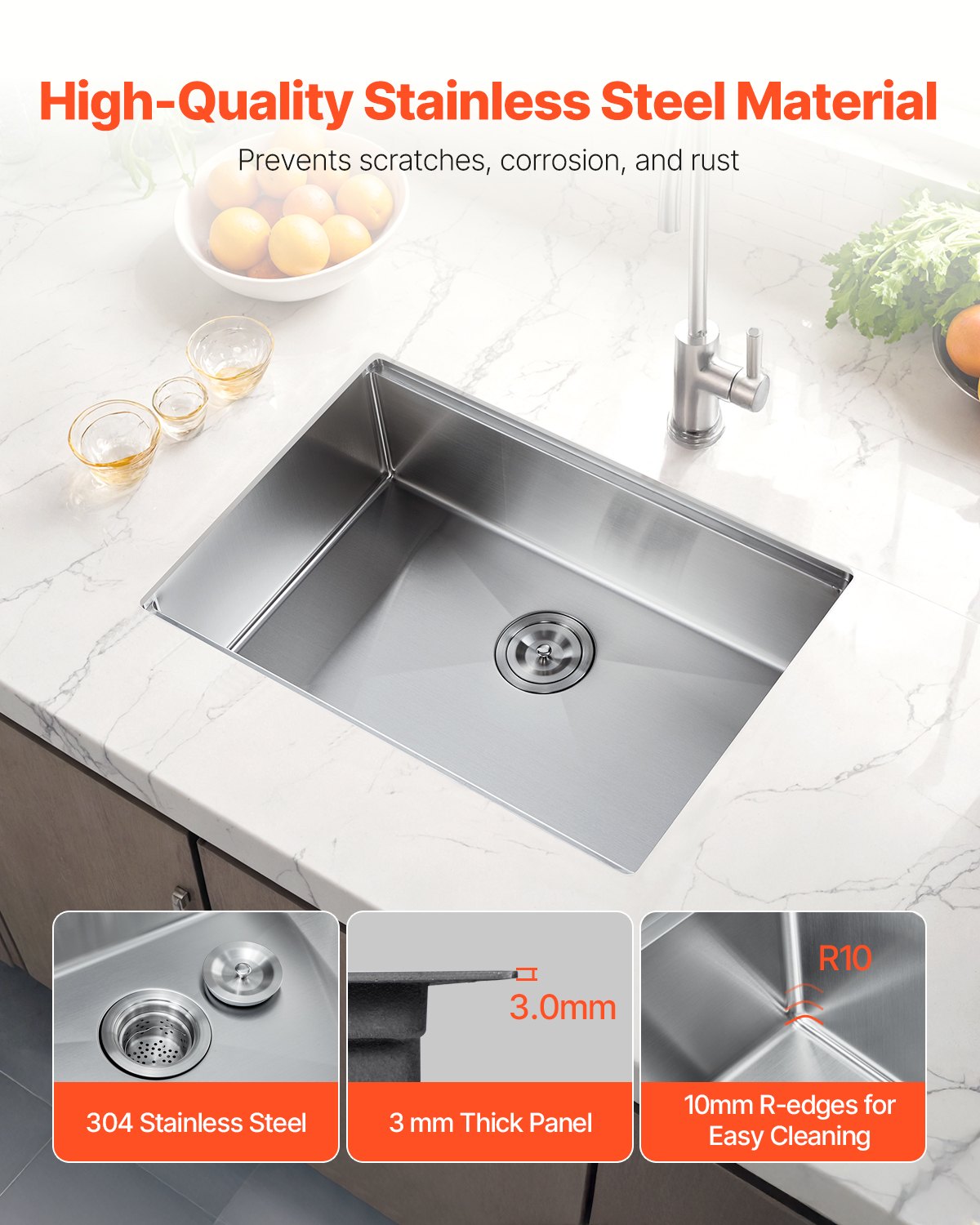 VEVOR 32" Kitchen Sink Undermount Single Bowl Drop-In Basin Stainless Steel Bar 