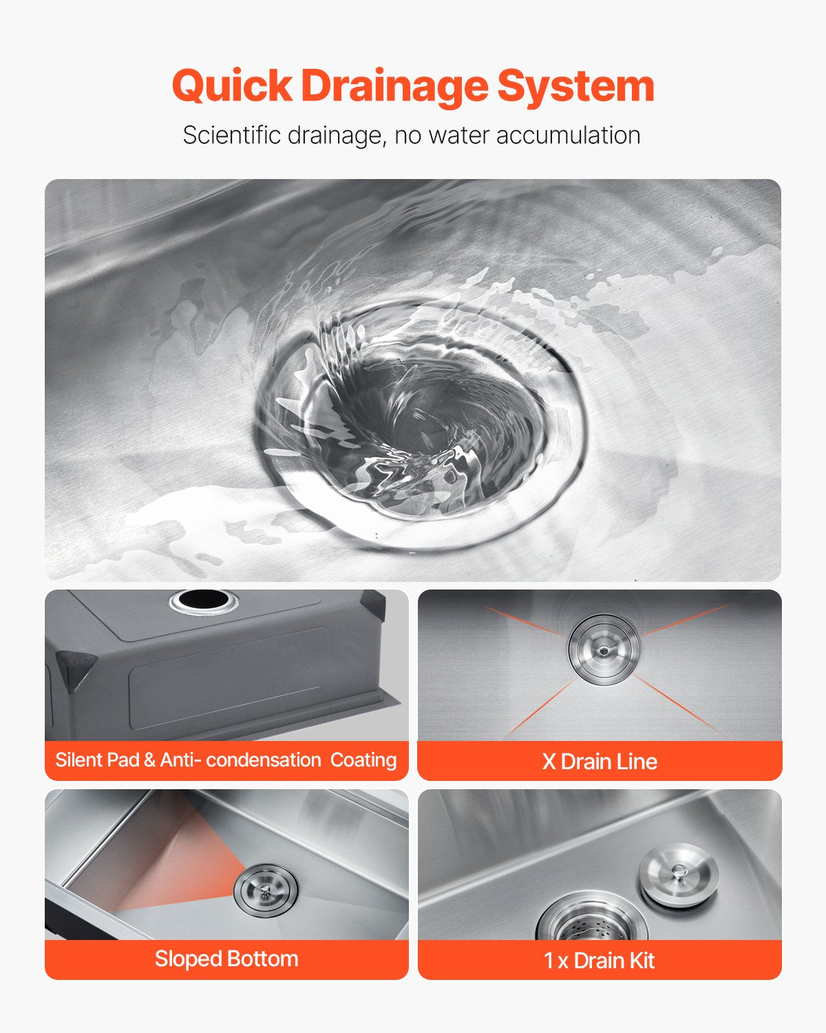 VEVOR 32" Kitchen Sink Undermount Single Bowl Drop-In Basin Stainless Steel Bar 