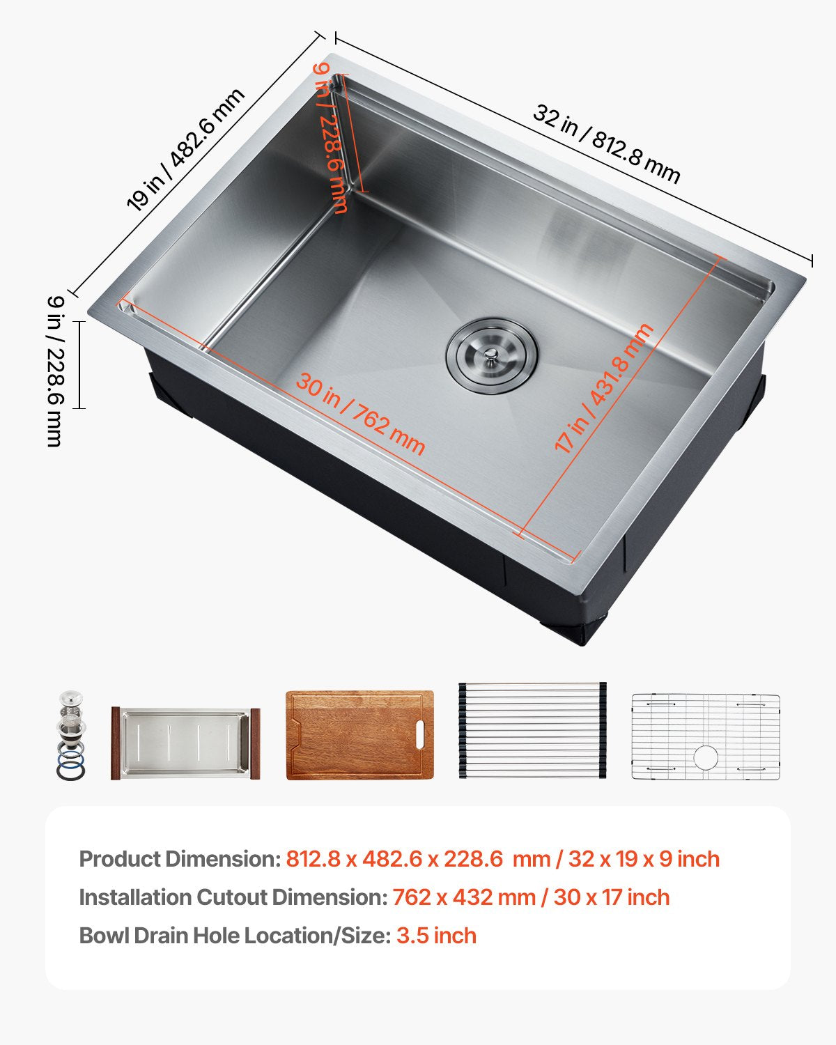 VEVOR 32" Kitchen Sink Undermount Single Bowl Drop-In Basin Stainless Steel Bar 