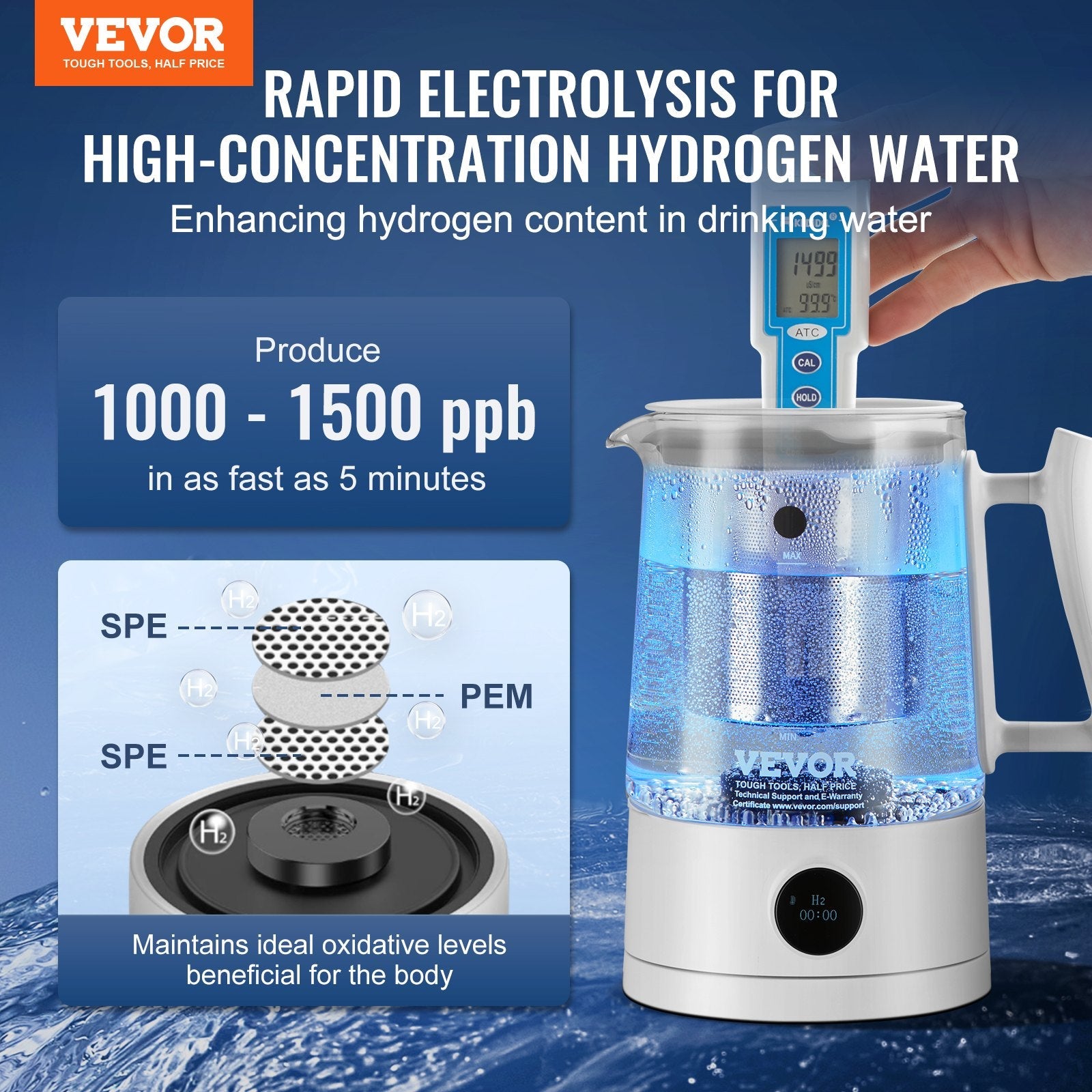 VEVOR Hydrogen Water Pitcher Generator, 1.5 L / 52.8 oz Large Capacity Hydrogen Generator Water Kettle, SPE and PEM Technology, Hydrogen Rich Water Ionizer Machine for Brewing Coffee or Tea 