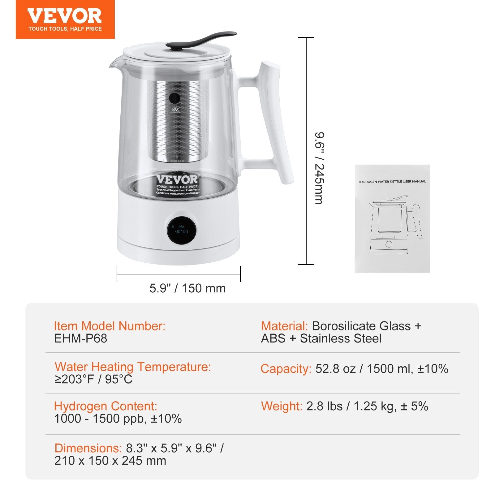 VEVOR Hydrogen Water Pitcher Generator, 1.5 L / 52.8 oz Large Capacity Hydrogen Generator Water Kettle, SPE and PEM Technology, Hydrogen Rich Water Ionizer Machine for Brewing Coffee or Tea 
