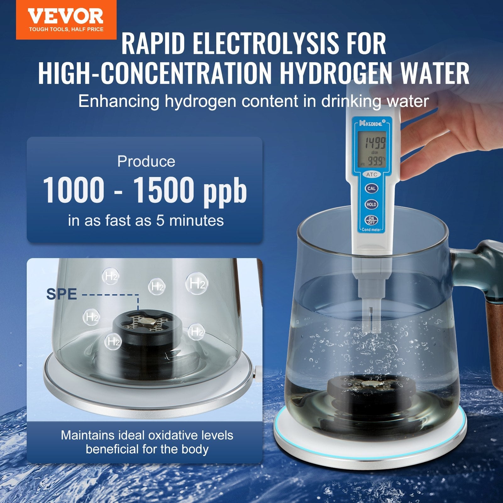 VEVOR Hydrogen Water Cup, 400 ml / 14.1 oz Hydrogen Generator, SPE Technology Portable Hydrogen Water Ionizer Machine with Wireless Charging Base, Hydrogen Rich Water Bottle Glass Health Cup 