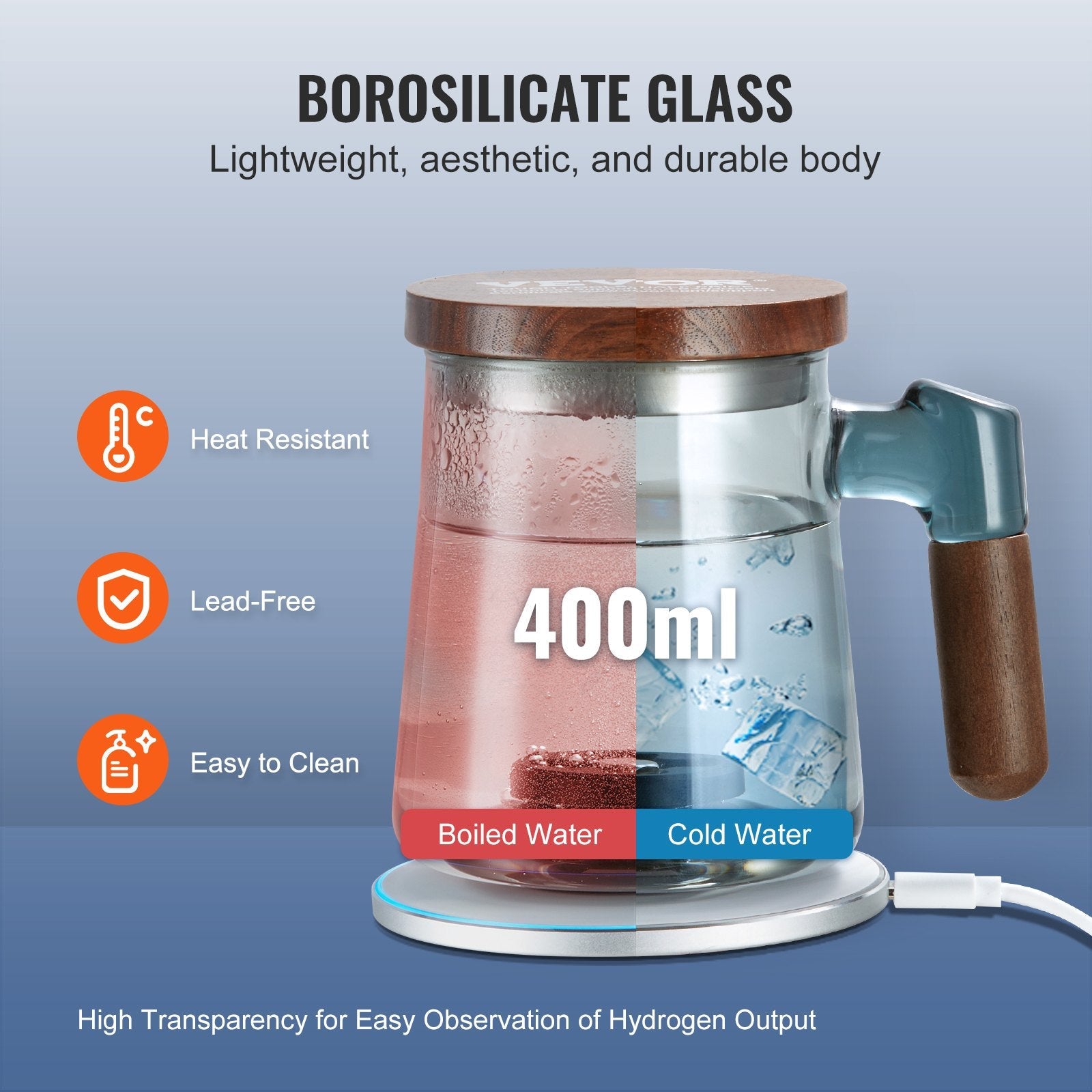 VEVOR Hydrogen Water Cup, 400 ml / 14.1 oz Hydrogen Generator, SPE Technology Portable Hydrogen Water Ionizer Machine with Wireless Charging Base, Hydrogen Rich Water Bottle Glass Health Cup 