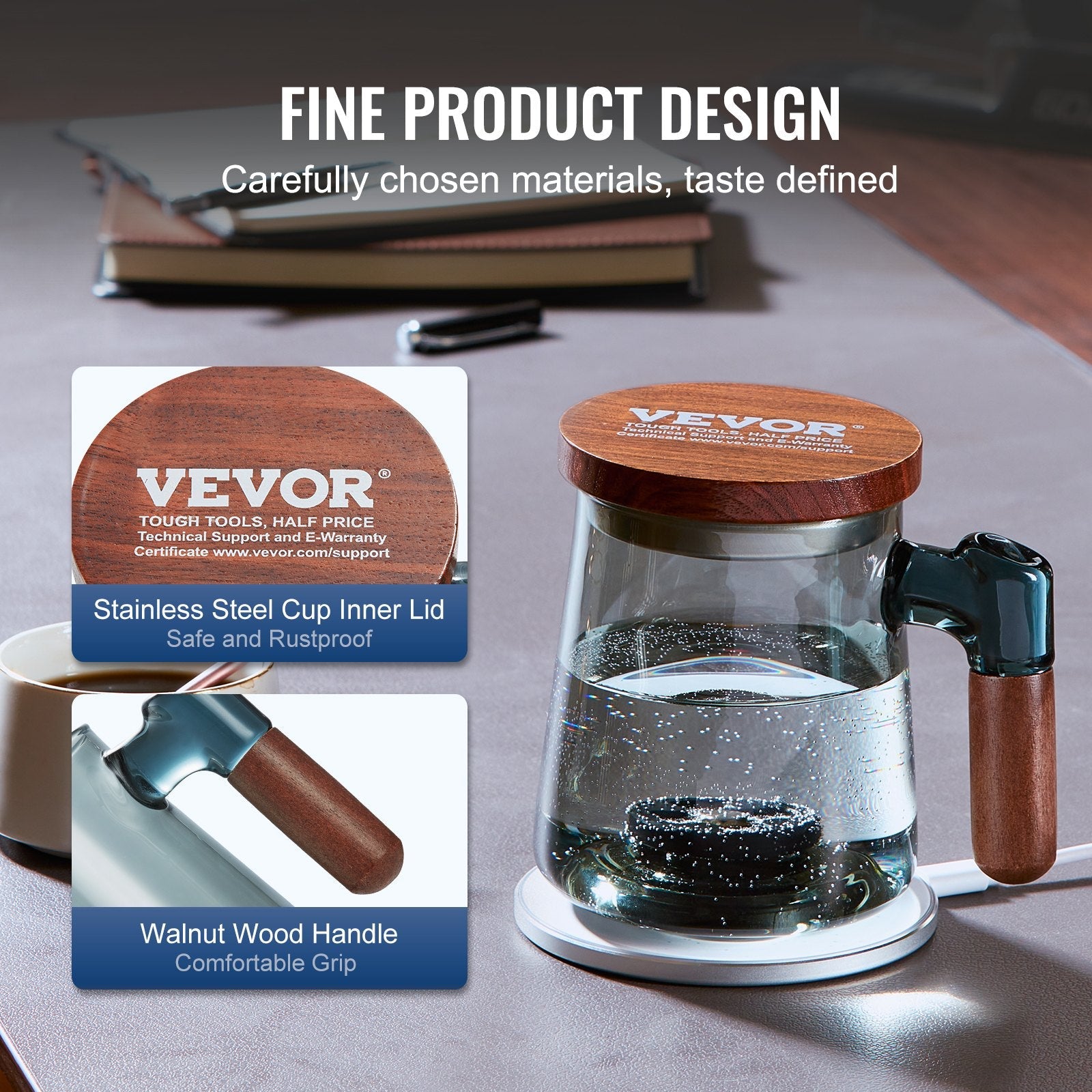 VEVOR Hydrogen Water Cup, 400 ml / 14.1 oz Hydrogen Generator, SPE Technology Portable Hydrogen Water Ionizer Machine with Wireless Charging Base, Hydrogen Rich Water Bottle Glass Health Cup 