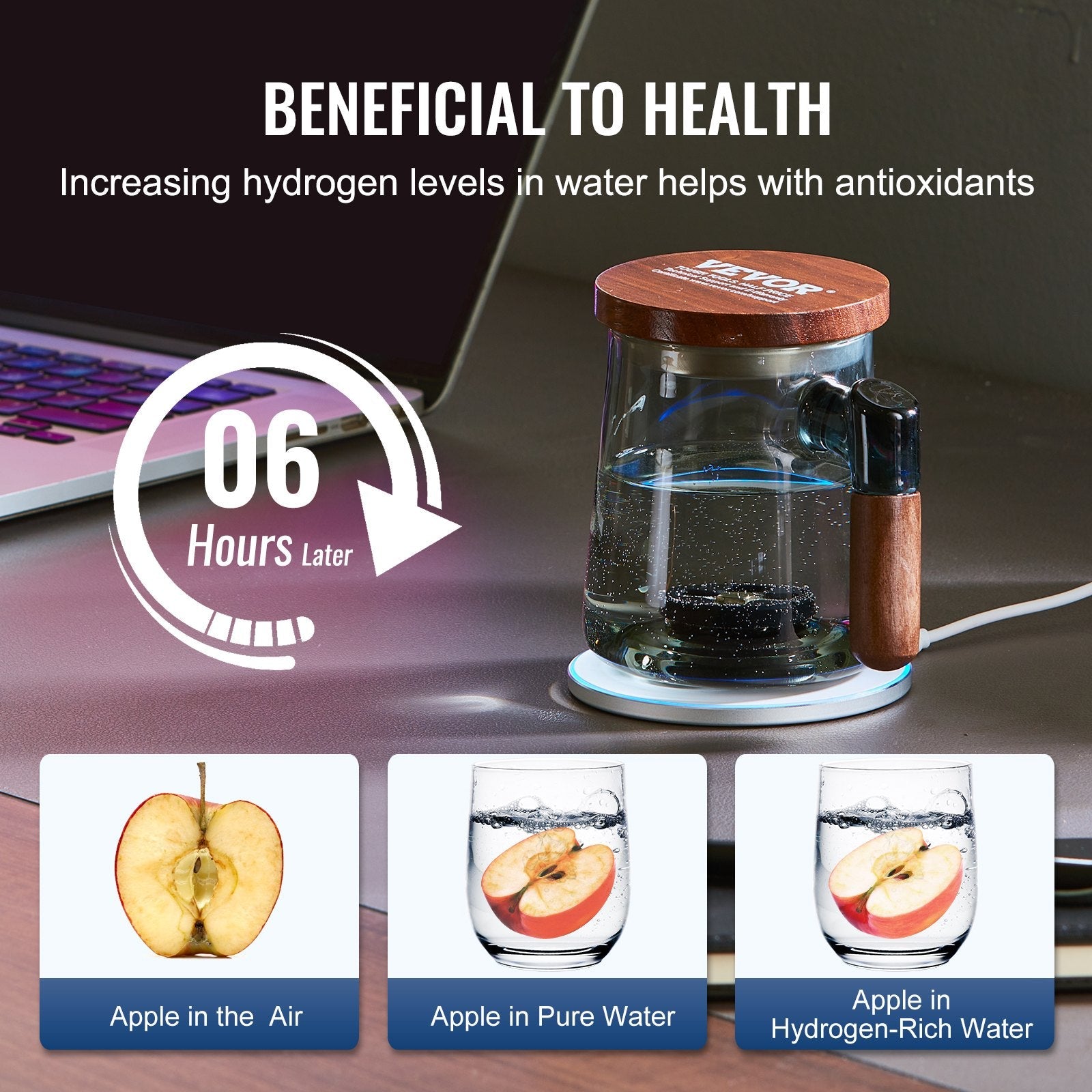 VEVOR Hydrogen Water Cup, 400 ml / 14.1 oz Hydrogen Generator, SPE Technology Portable Hydrogen Water Ionizer Machine with Wireless Charging Base, Hydrogen Rich Water Bottle Glass Health Cup 