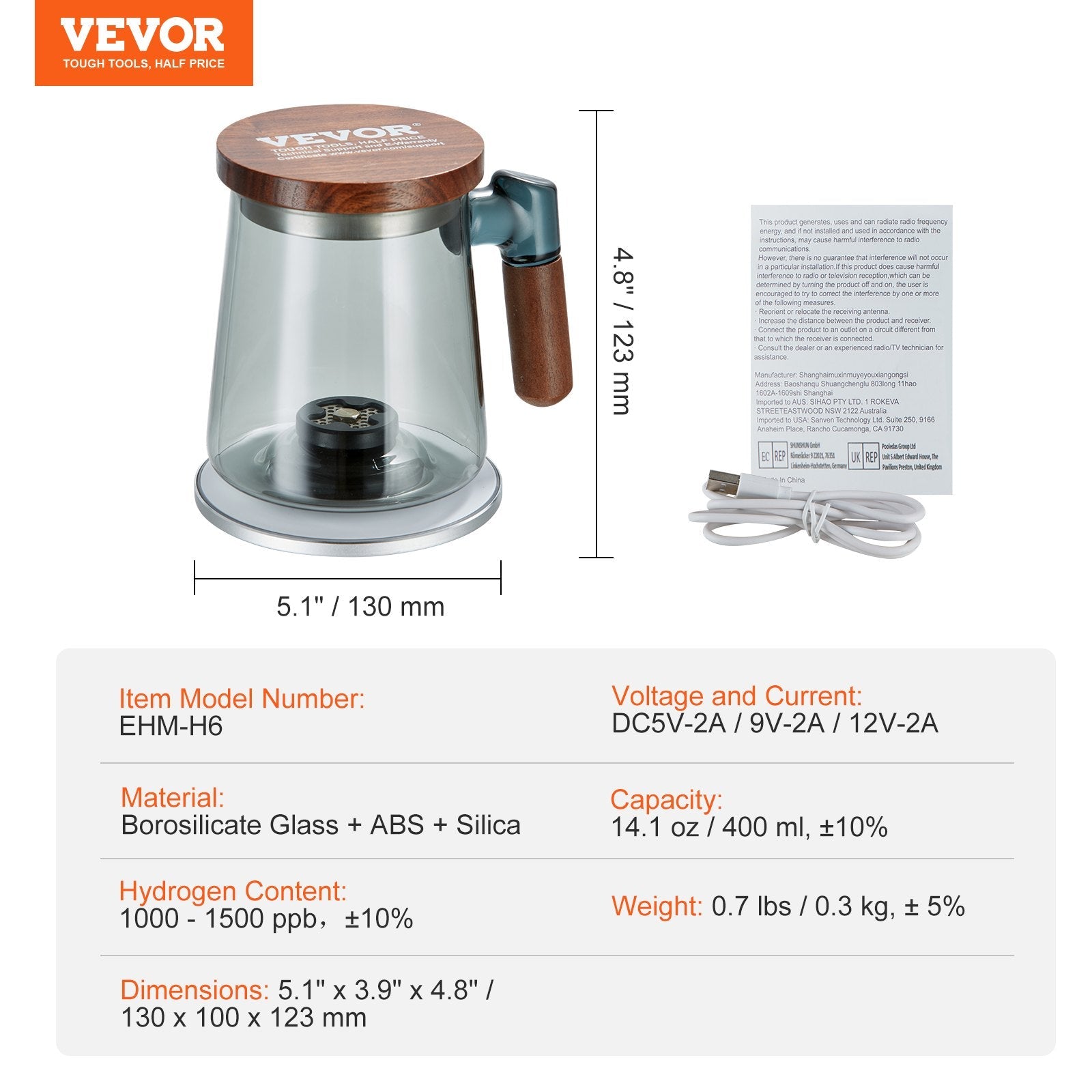 VEVOR Hydrogen Water Cup, 400 ml / 14.1 oz Hydrogen Generator, SPE Technology Portable Hydrogen Water Ionizer Machine with Wireless Charging Base, Hydrogen Rich Water Bottle Glass Health Cup 