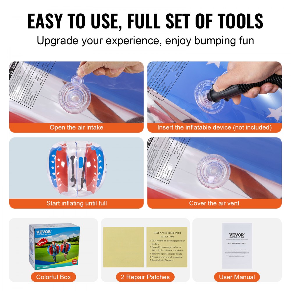 VEVOR Inflatable Bumper Balls 2-Pack, 4FT/1.2M Body Sumo Zorb Balls for Kids & Teens, Durable PVC Human Hamster Bubble Balls for Outdoor Team Gaming Play, Bumper Bopper Toys for Playground, Yard, Park 