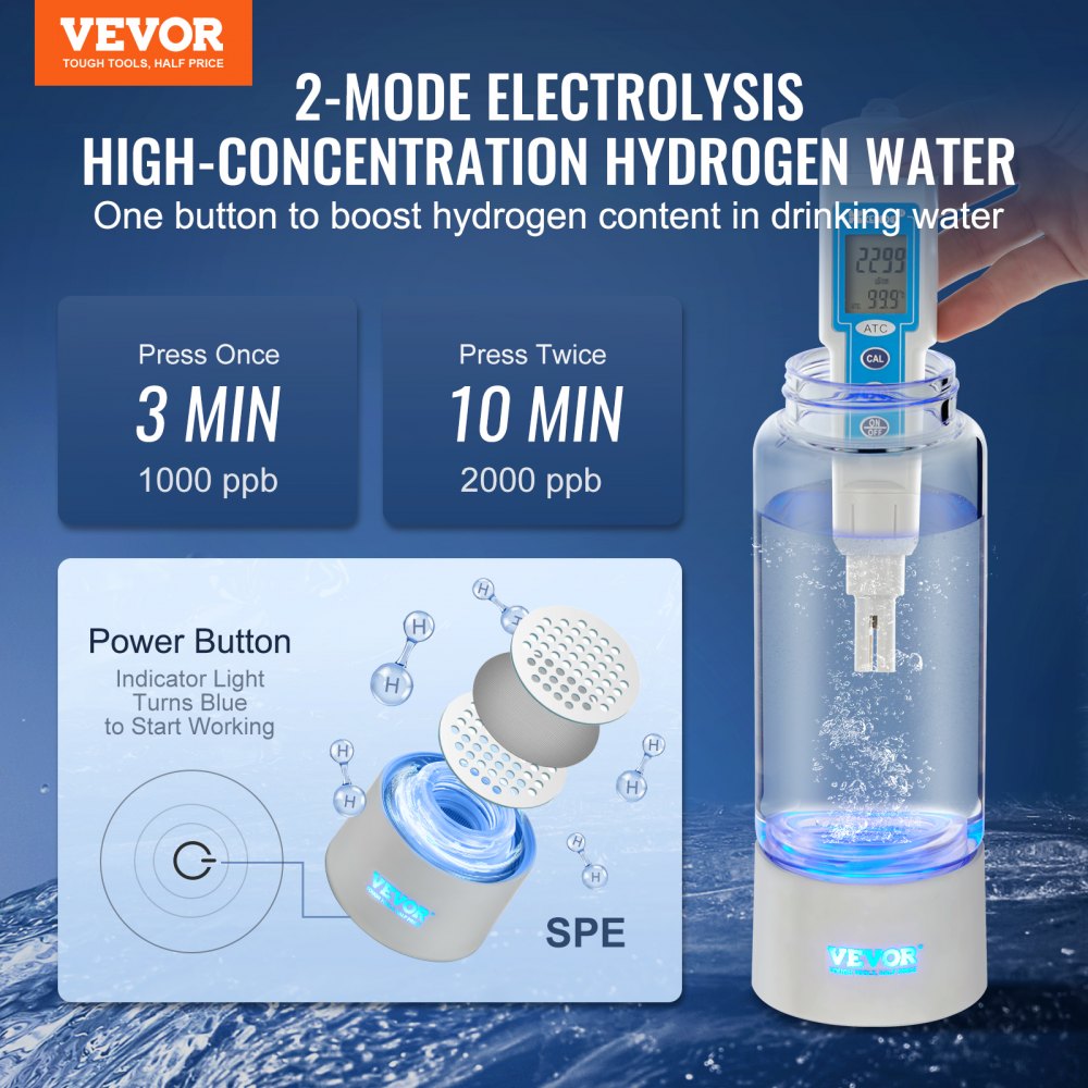 VEVOR Hydrogen Water Bottle Generator, 380 ml / 13.4 oz Capacity Portable Hydrogen Water Maker, SPE Technology Hydrogen Rich Water Ionizer Machine with Nasal Inhalation Tube and Self-Cleaning 