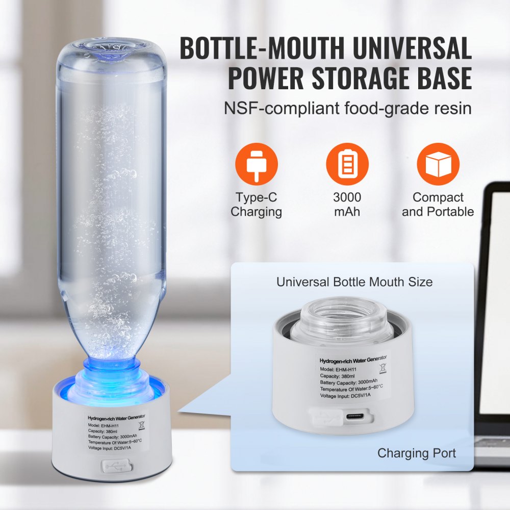 VEVOR Hydrogen Water Bottle Generator, 380 ml / 13.4 oz Capacity Portable Hydrogen Water Maker, SPE Technology Hydrogen Rich Water Ionizer Machine with Nasal Inhalation Tube and Self-Cleaning 