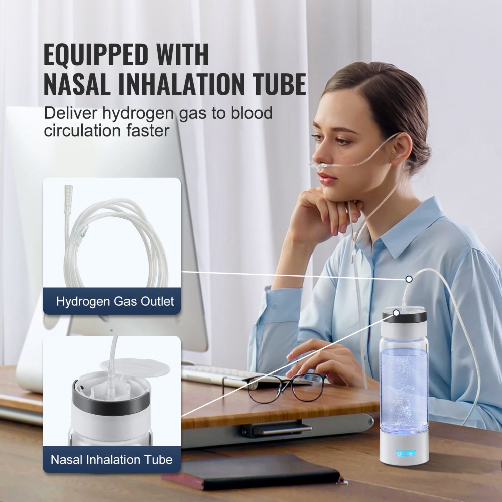 VEVOR Hydrogen Water Bottle Generator, 380 ml / 13.4 oz Capacity Portable Hydrogen Water Maker, SPE Technology Hydrogen Rich Water Ionizer Machine with Nasal Inhalation Tube and Self-Cleaning 