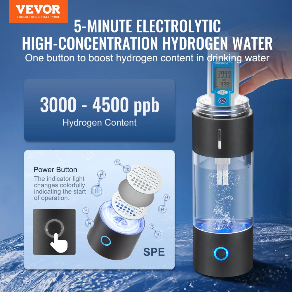 VEVOR Hydrogen Water Bottle Generator, 230 ml / 8.1 oz Capacity Portable Hydrogen Water Maker, SPE Technology Hydrogen Rich Water Ionizer Machine with Nasal Inhalation Tube and Self-Cleaning 