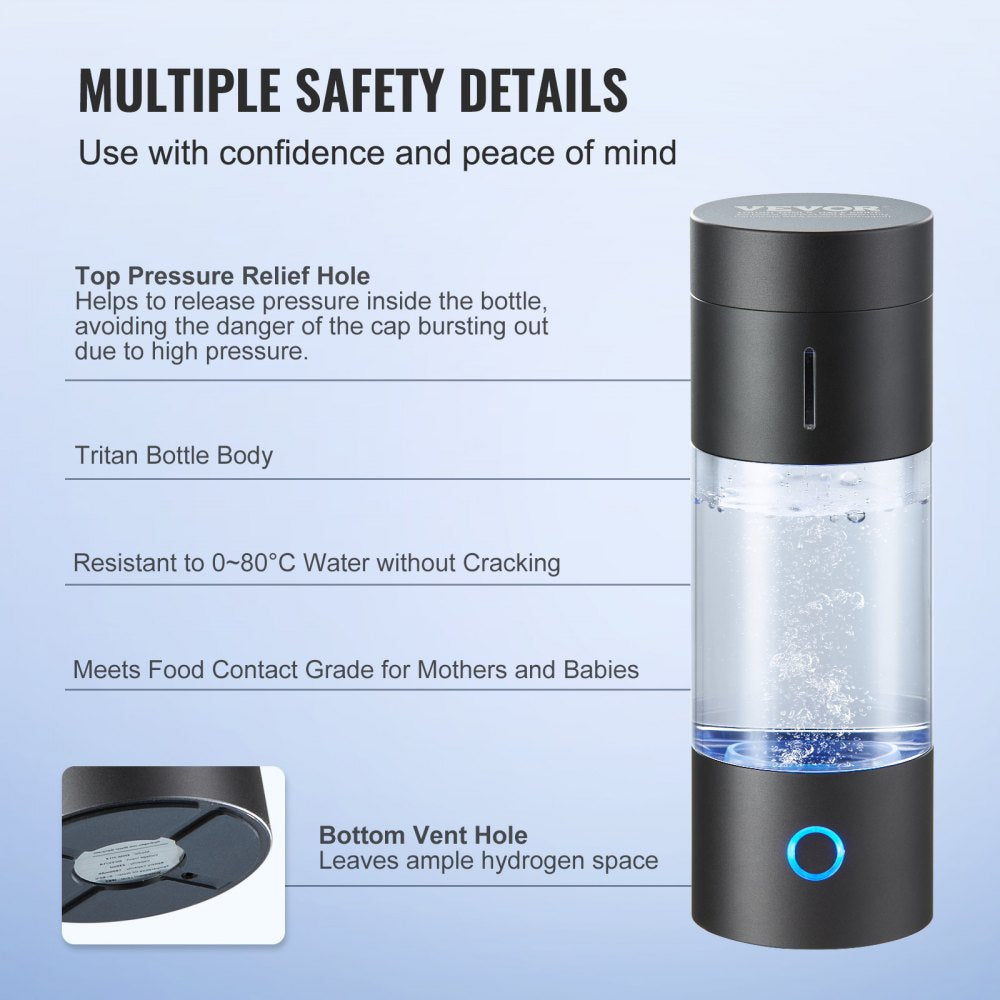 VEVOR Hydrogen Water Bottle Generator, 230 ml / 8.1 oz Capacity Portable Hydrogen Water Maker, SPE Technology Hydrogen Rich Water Ionizer Machine with Nasal Inhalation Tube and Self-Cleaning 
