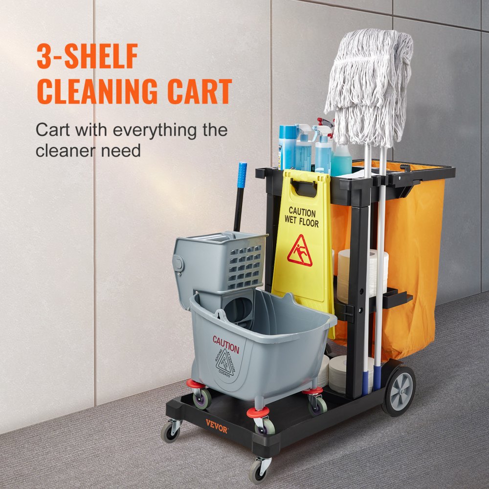 VEVOR Cleaning Cart, 3-Shelf Commercial Janitorial Cart, 200 lbs Capacity Plastic Housekeeping Cart, with 25 Gallon PVC Bag, 47" x 20" x 38.6", Yellow+Black 