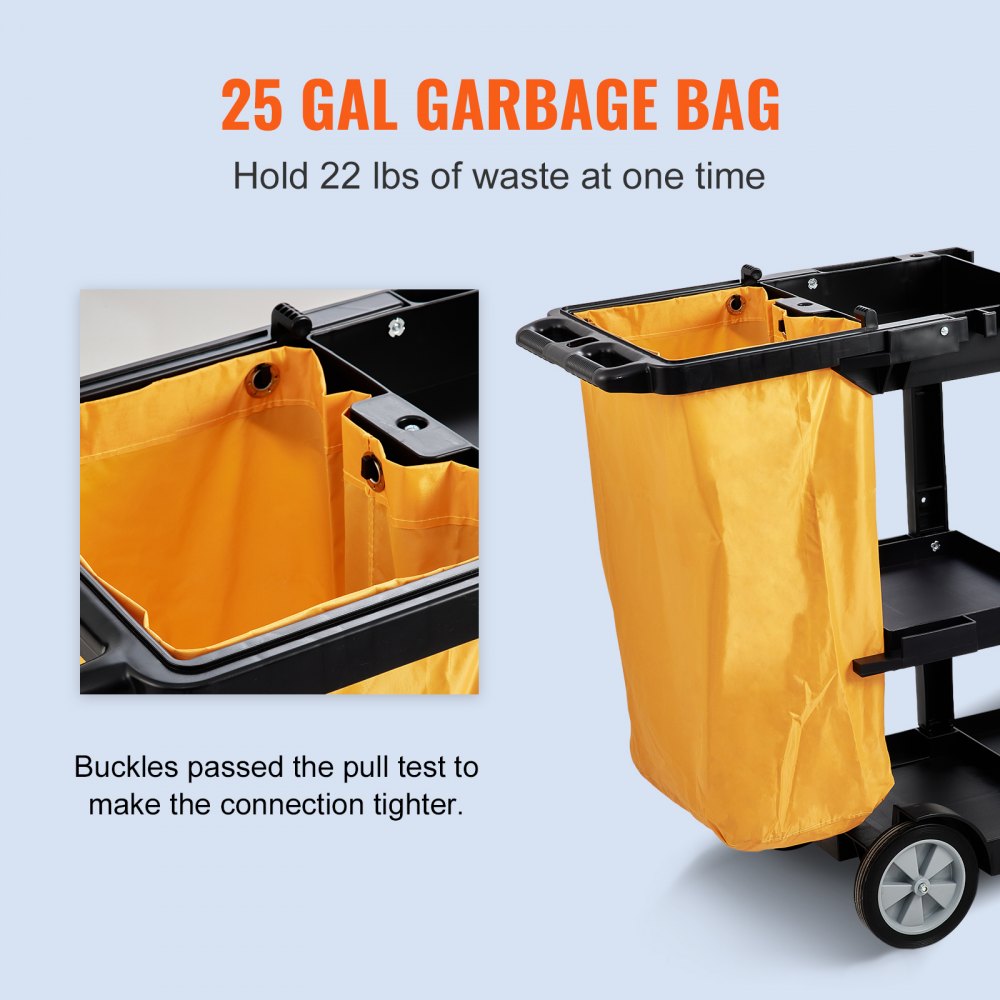 VEVOR Cleaning Cart, 3-Shelf Commercial Janitorial Cart, 200 lbs Capacity Plastic Housekeeping Cart, with 25 Gallon PVC Bag, 47" x 20" x 38.6", Yellow+Black 