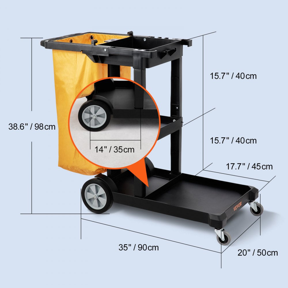 VEVOR Cleaning Cart, 3-Shelf Commercial Janitorial Cart, 200 lbs Capacity Plastic Housekeeping Cart, with 25 Gallon PVC Bag, 47" x 20" x 38.6", Yellow+Black 