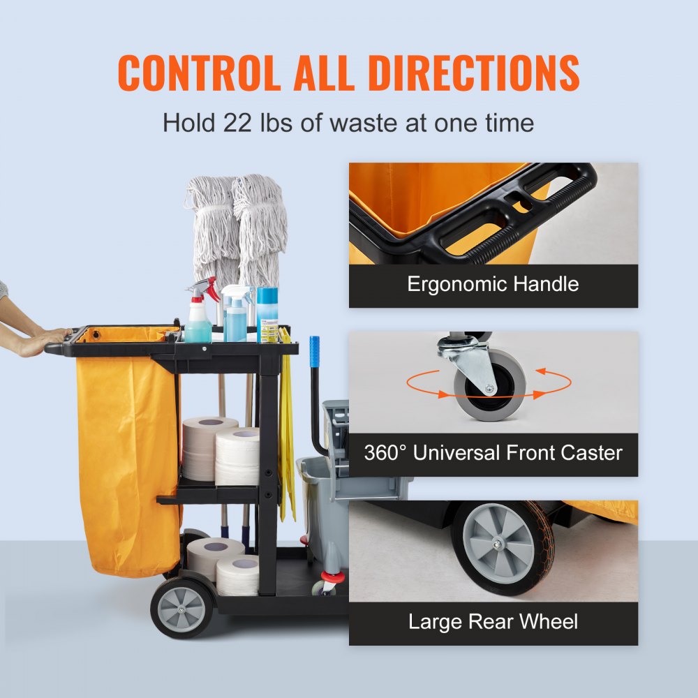 VEVOR Cleaning Cart, 3-Shelf Commercial Janitorial Cart, 200 lbs Capacity Plastic Housekeeping Cart, with 25 Gallon PVC Bag, 47" x 20" x 38.6", Yellow+Black 