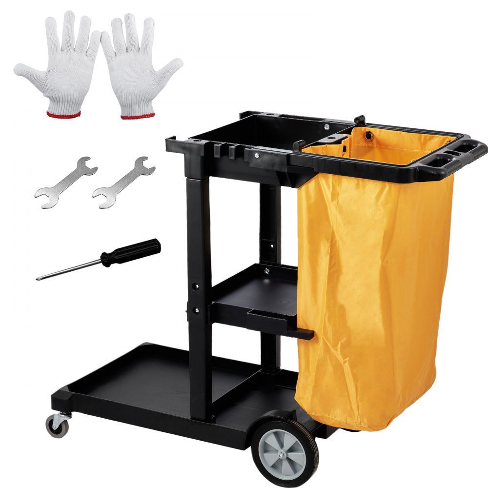 VEVOR Cleaning Cart, 3-Shelf Commercial Janitorial Cart, 200 lbs Capacity Plastic Housekeeping Cart, with 25 Gallon PVC Bag, 47" x 20" x 38.6", Yellow+Black 
