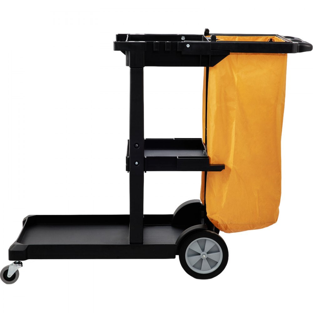 VEVOR Cleaning Cart, 3-Shelf Commercial Janitorial Cart, 200 lbs Capacity Plastic Housekeeping Cart, with 25 Gallon PVC Bag, 47" x 20" x 38.6", Yellow+Black 