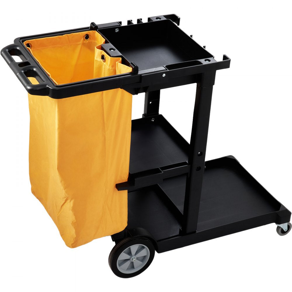VEVOR Cleaning Cart, 3-Shelf Commercial Janitorial Cart, 200 lbs Capacity Plastic Housekeeping Cart, with 25 Gallon PVC Bag, 47" x 20" x 38.6", Yellow+Black 