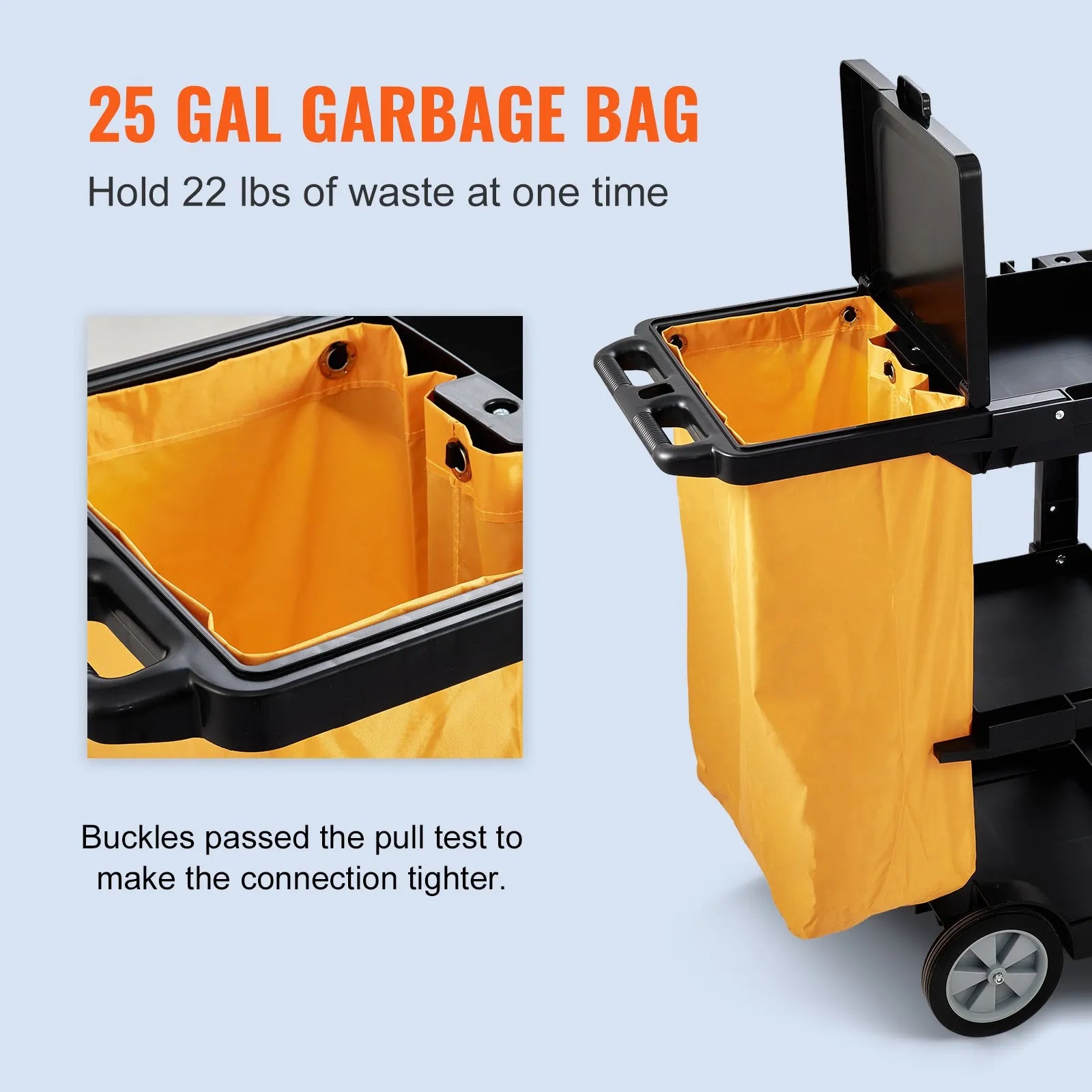 VEVOR Cleaning Cart, 3-Shelf Commerical Janitorial Cart, 200 lbs Capacity Plastic Housekeeping Cart, with 25 Gallon PVC Bag and Cover, 47" x 20" x 38.6", Yellow+Black