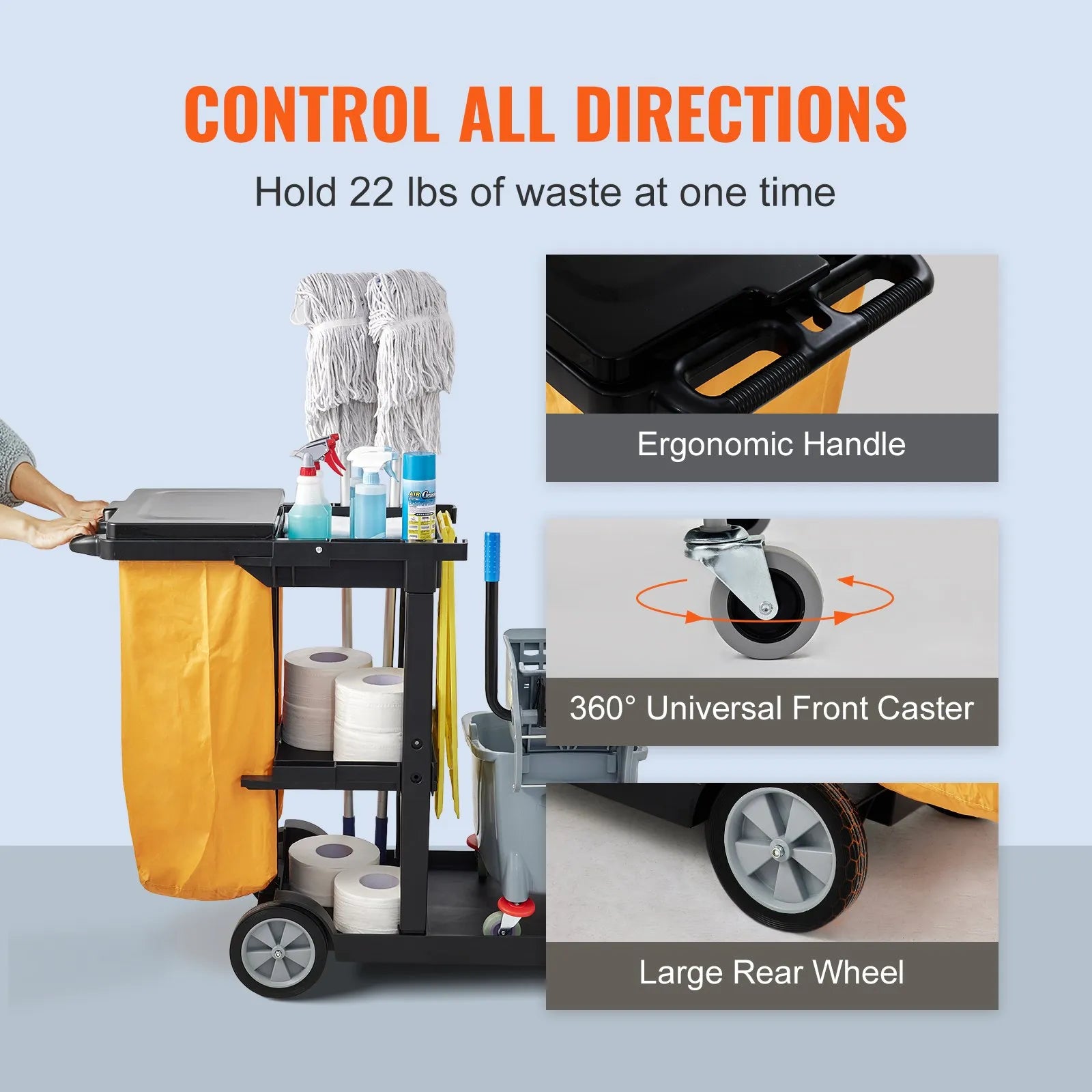 VEVOR Cleaning Cart, 3-Shelf Commerical Janitorial Cart, 200 lbs Capacity Plastic Housekeeping Cart, with 25 Gallon PVC Bag and Cover, 47" x 20" x 38.6", Yellow+Black