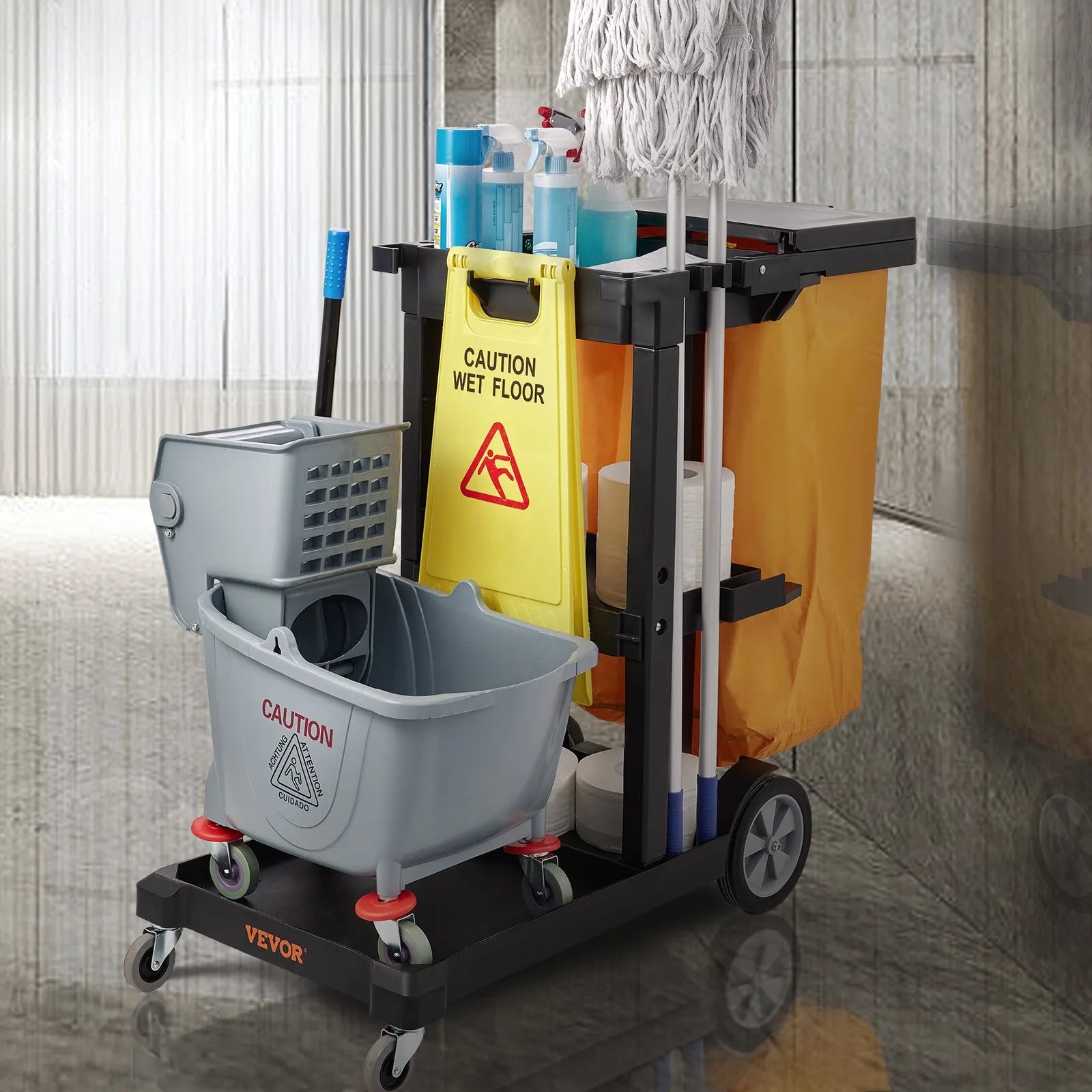 VEVOR Cleaning Cart, 3-Shelf Commerical Janitorial Cart, 200 lbs Capacity Plastic Housekeeping Cart, with 25 Gallon PVC Bag and Cover, 47" x 20" x 38.6", Yellow+Black