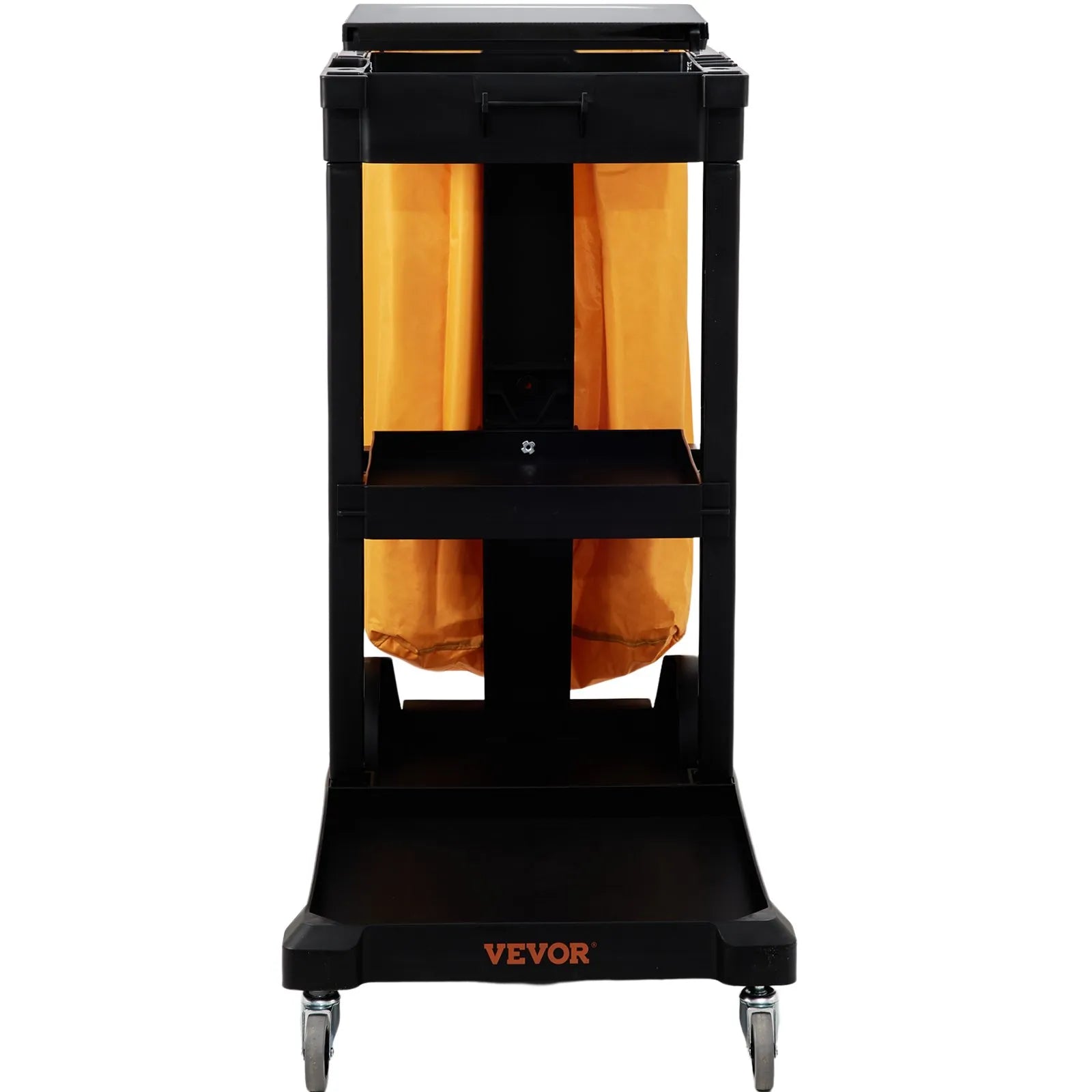 VEVOR Cleaning Cart, 3-Shelf Commerical Janitorial Cart, 200 lbs Capacity Plastic Housekeeping Cart, with 25 Gallon PVC Bag and Cover, 47" x 20" x 38.6", Yellow+Black