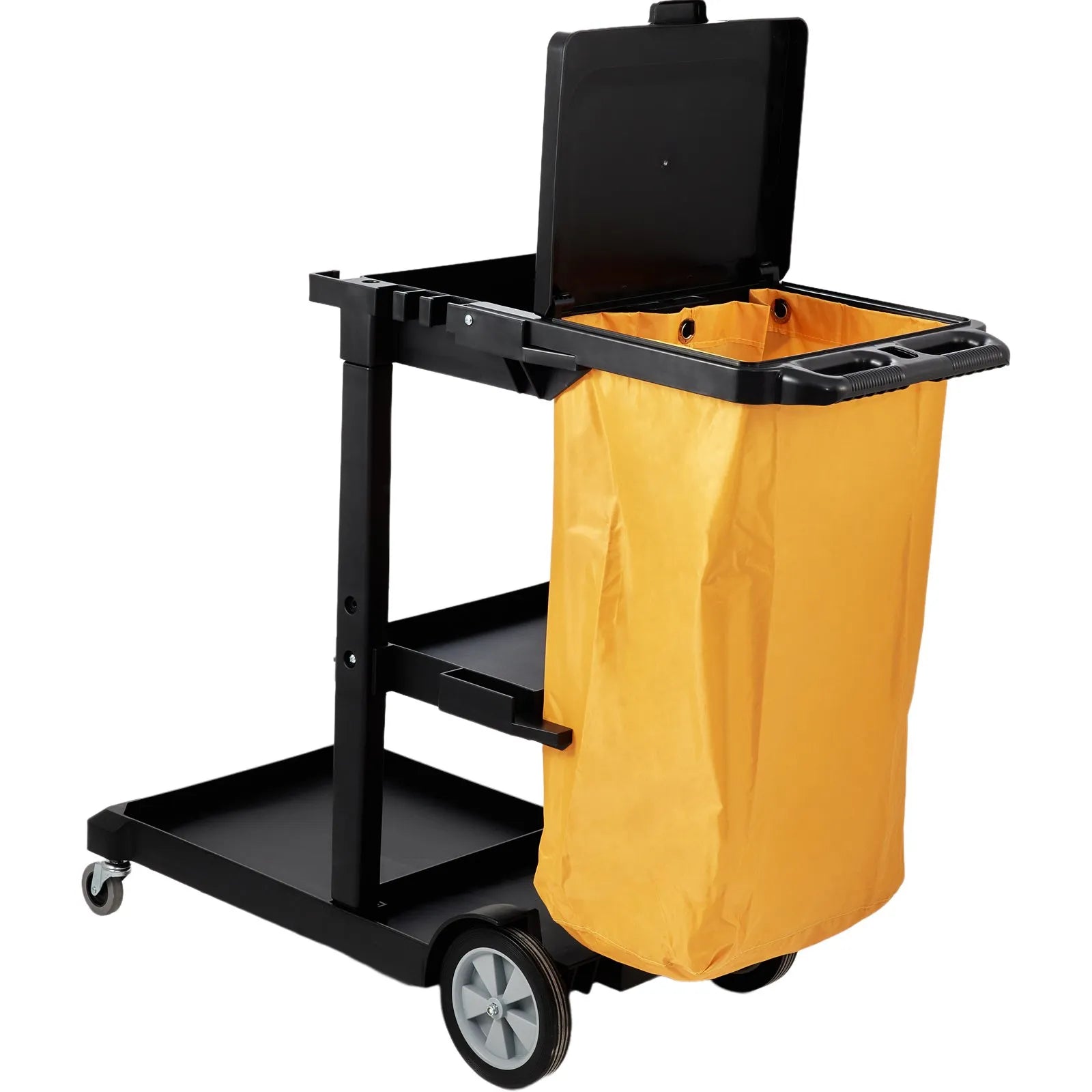 VEVOR Cleaning Cart, 3-Shelf Commerical Janitorial Cart, 200 lbs Capacity Plastic Housekeeping Cart, with 25 Gallon PVC Bag and Cover, 47" x 20" x 38.6", Yellow+Black