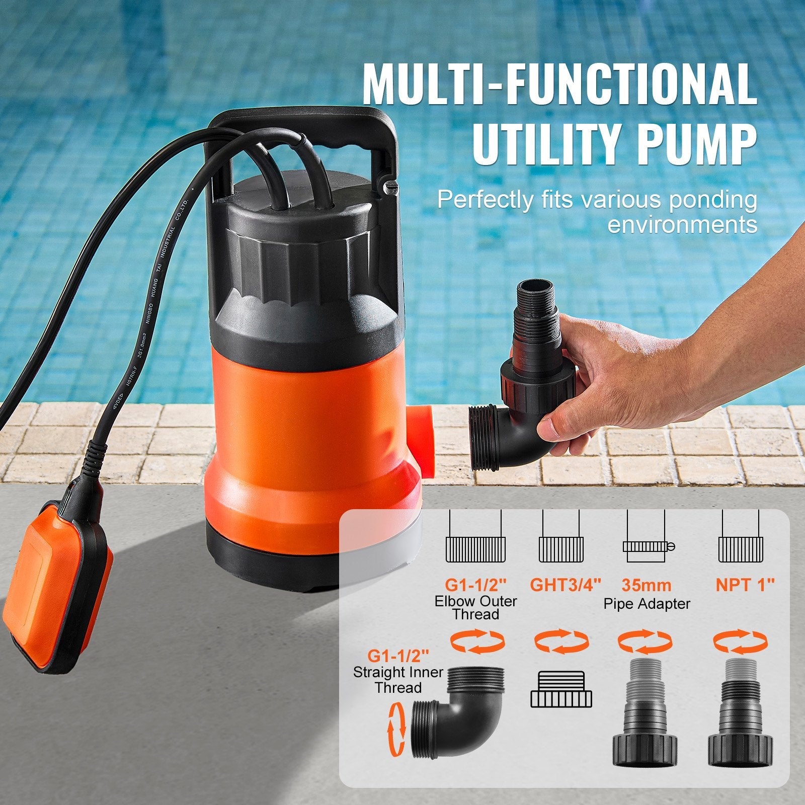 VEVOR Utility Pump, 1 HP, 4000 GPH High Flow, 31 ft Head, Sump Pump Submersible Water Pump Portable Utility Pump with 10 ft Long Power Cord for Draining Water from Swimming Pool Garden Pond Basement 
