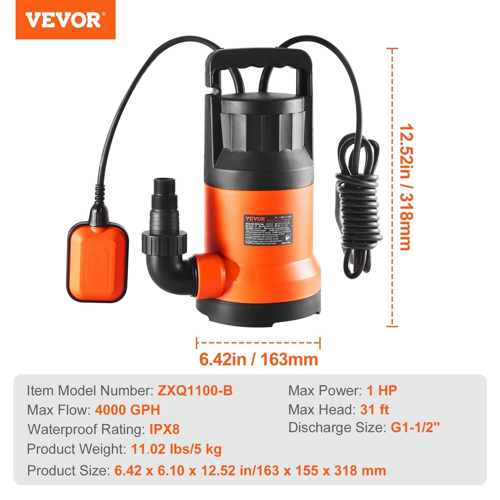VEVOR Utility Pump, 1 HP, 4000 GPH High Flow, 31 ft Head, Sump Pump Submersible Water Pump Portable Utility Pump with 10 ft Long Power Cord for Draining Water from Swimming Pool Garden Pond Basement 