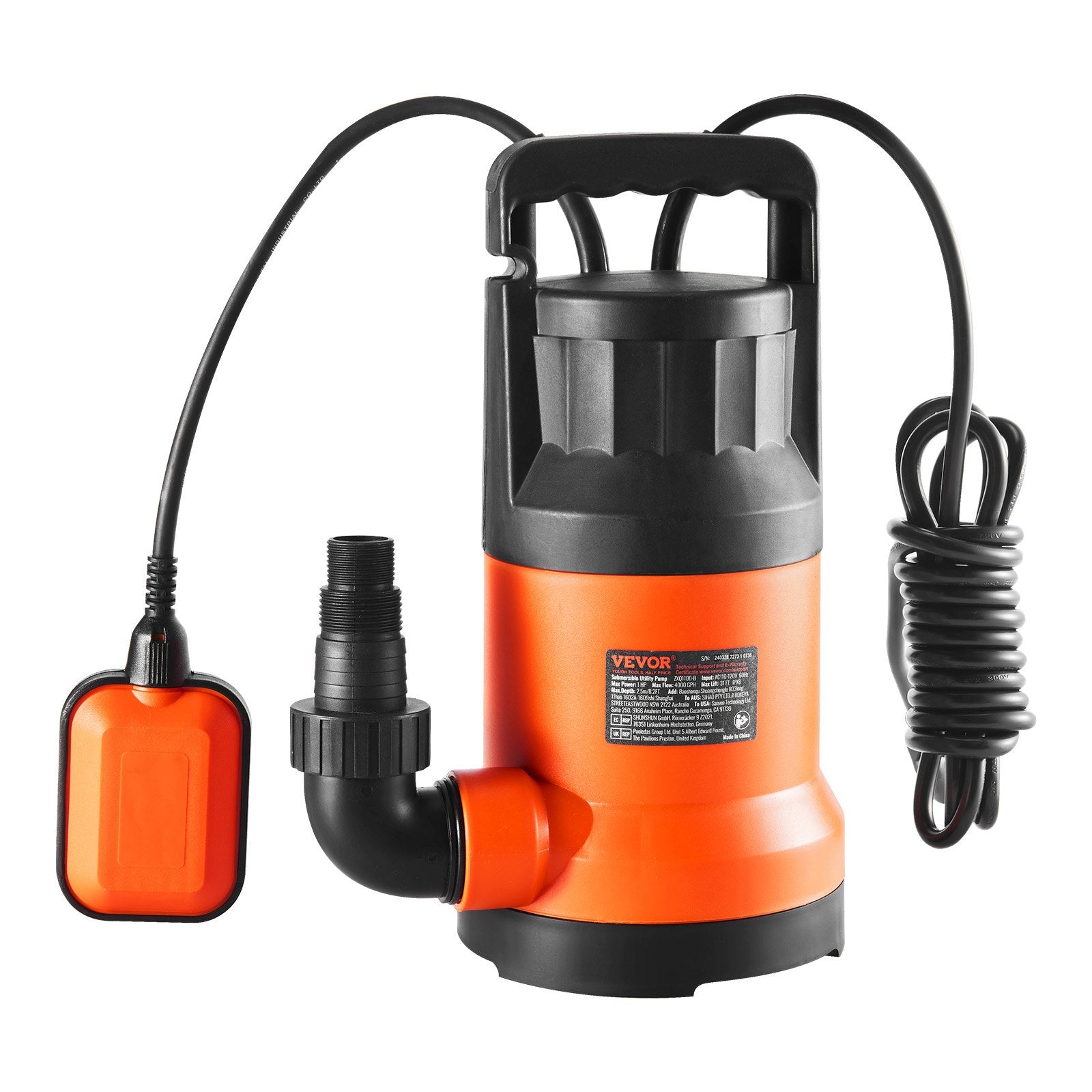 VEVOR Utility Pump, 1 HP, 4000 GPH High Flow, 31 ft Head, Sump Pump Submersible Water Pump Portable Utility Pump with 10 ft Long Power Cord for Draining Water from Swimming Pool Garden Pond Basement 