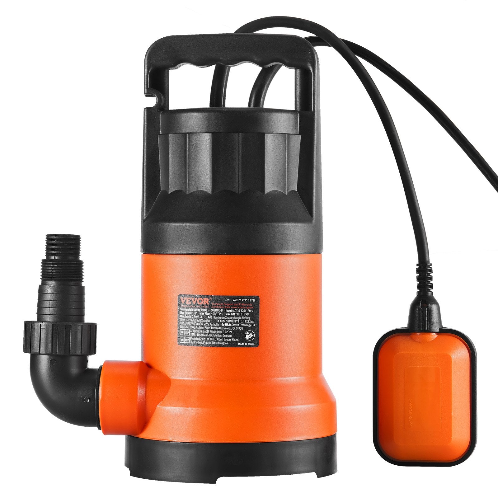 VEVOR Utility Pump, 1 HP, 4000 GPH High Flow, 31 ft Head, Sump Pump Submersible Water Pump Portable Utility Pump with 10 ft Long Power Cord for Draining Water from Swimming Pool Garden Pond Basement 
