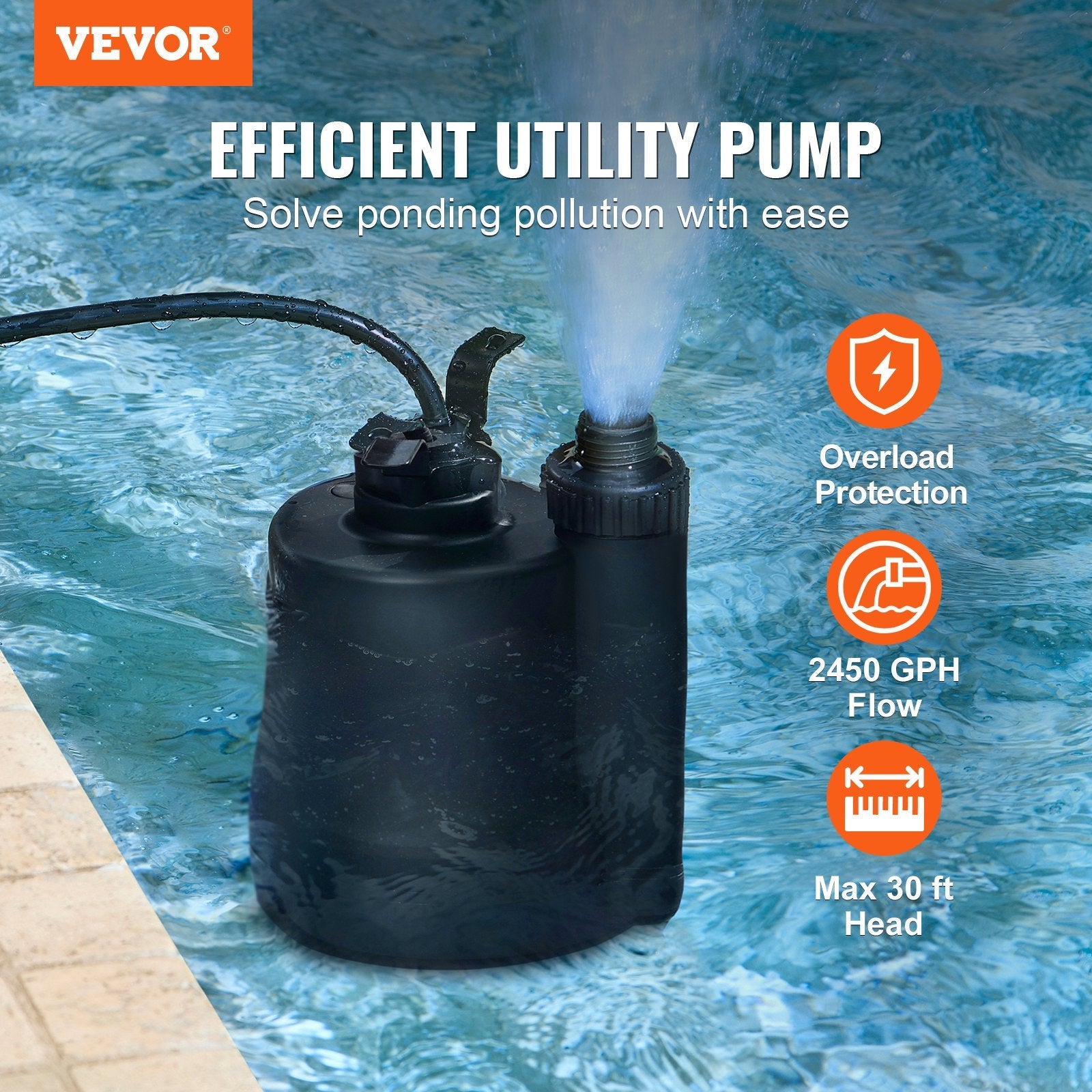 VEVOR Utility Pump, 1/3 HP, 2450 GPH High Flow, 30 ft Head, Sump Pump Submersible Water Pump Portable Utility Pump with 10 ft Long Power Cord for Draining Water from Swimming Pool Garden Pond Basement 