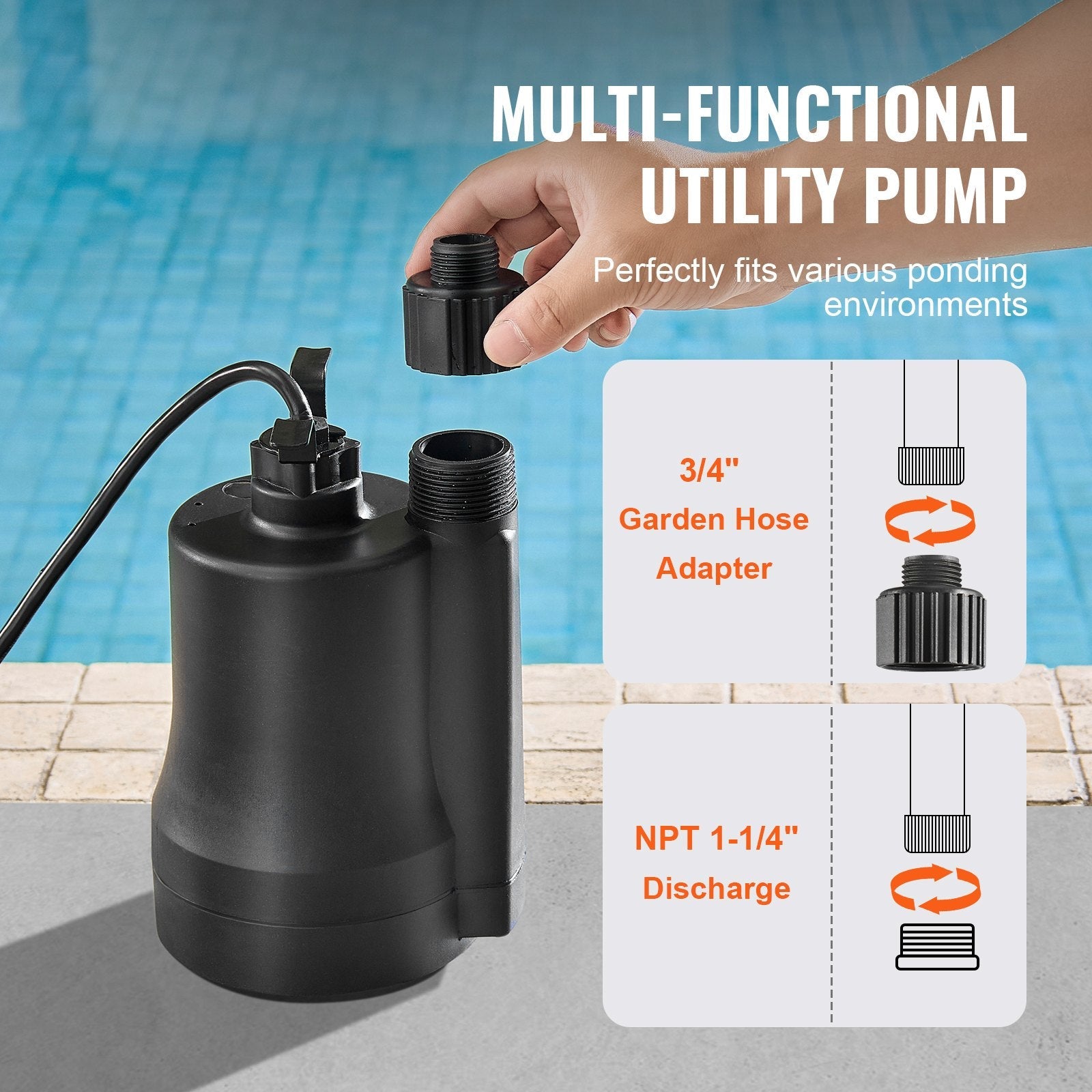 VEVOR Utility Pump, 1/3 HP, 2450 GPH High Flow, 30 ft Head, Sump Pump Submersible Water Pump Portable Utility Pump with 10 ft Long Power Cord for Draining Water from Swimming Pool Garden Pond Basement 