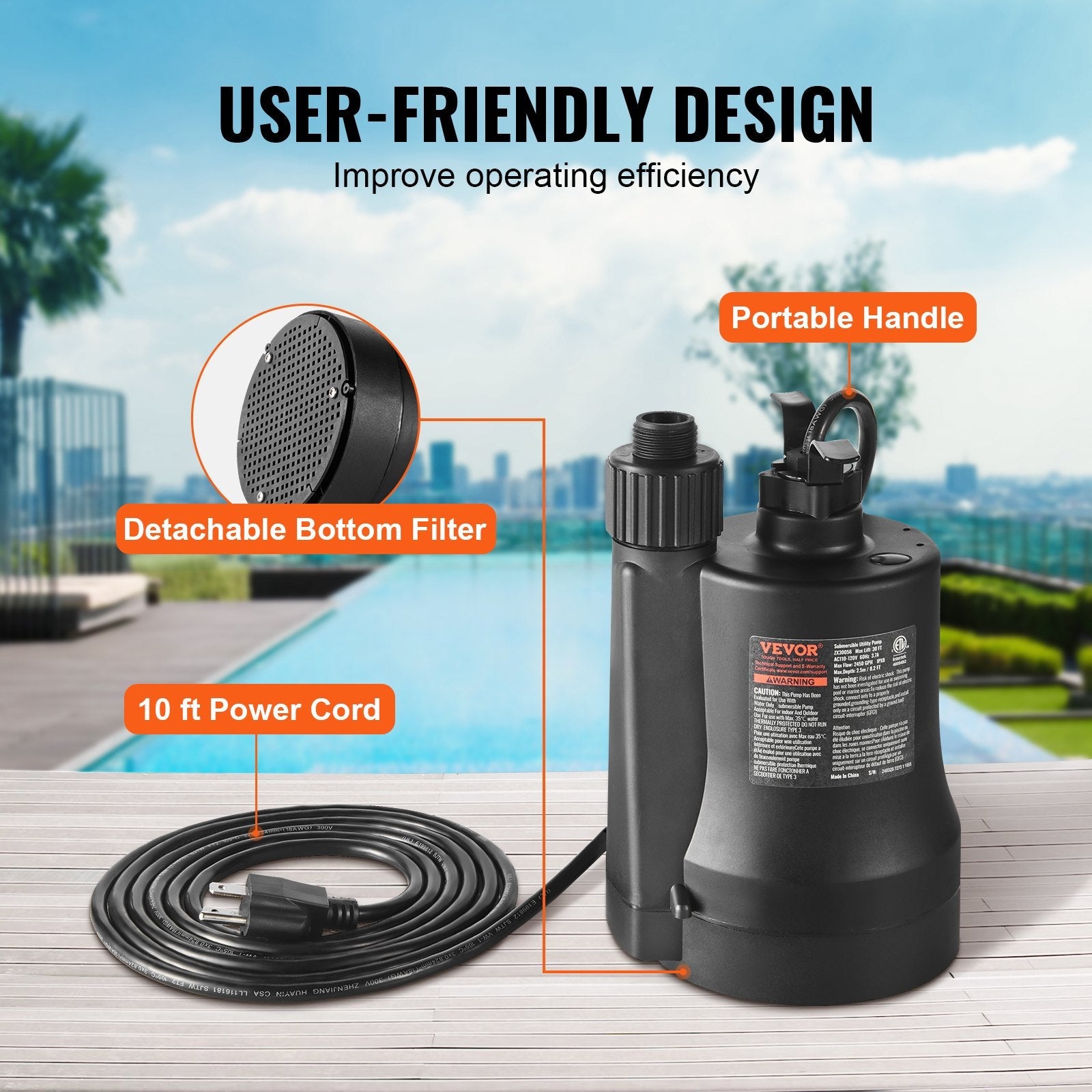 VEVOR Utility Pump, 1/3 HP, 2450 GPH High Flow, 30 ft Head, Sump Pump Submersible Water Pump Portable Utility Pump with 10 ft Long Power Cord for Draining Water from Swimming Pool Garden Pond Basement 