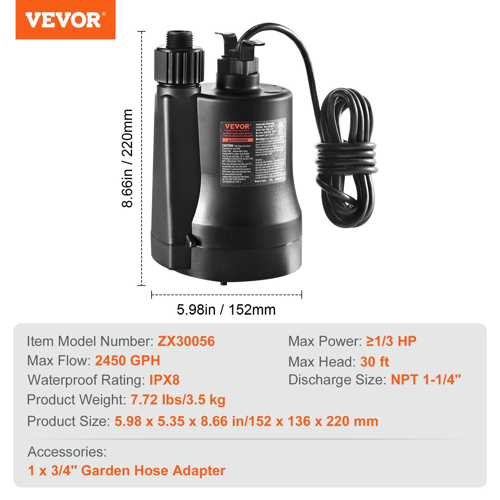 VEVOR Utility Pump, 1/3 HP, 2450 GPH High Flow, 30 ft Head, Sump Pump Submersible Water Pump Portable Utility Pump with 10 ft Long Power Cord for Draining Water from Swimming Pool Garden Pond Basement 