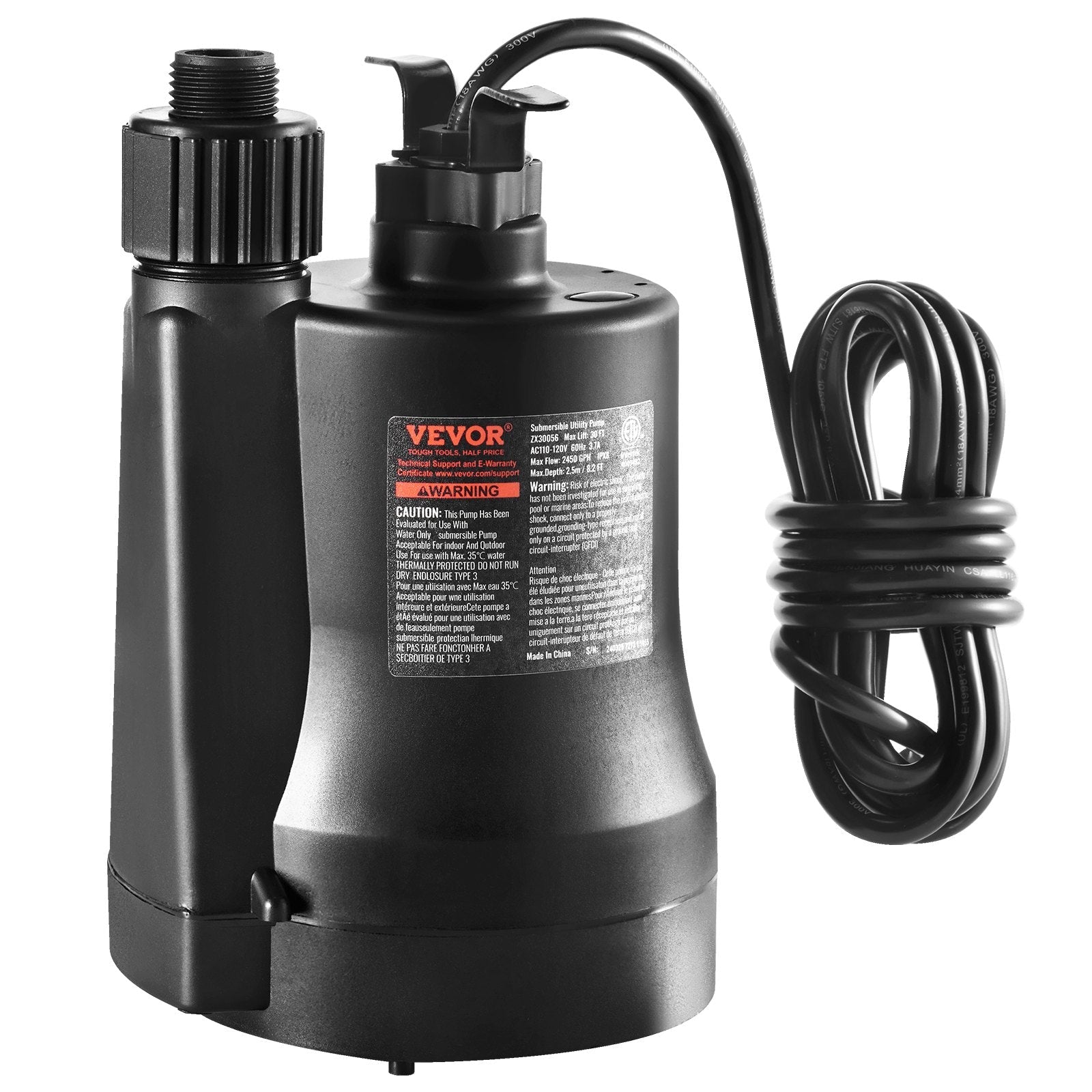 VEVOR Utility Pump, 1/3 HP, 2450 GPH High Flow, 30 ft Head, Sump Pump Submersible Water Pump Portable Utility Pump with 10 ft Long Power Cord for Draining Water from Swimming Pool Garden Pond Basement 
