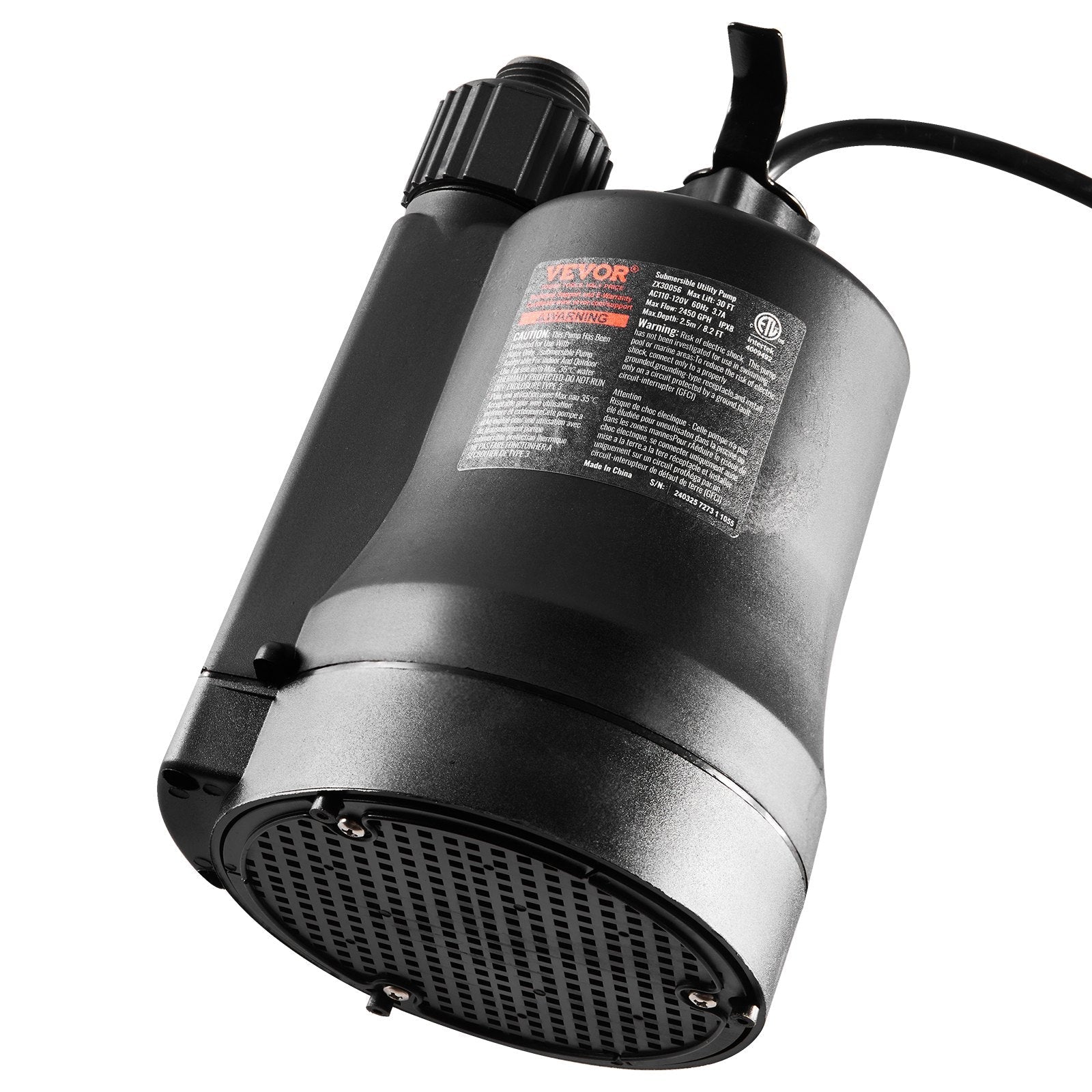 VEVOR Utility Pump, 1/3 HP, 2450 GPH High Flow, 30 ft Head, Sump Pump Submersible Water Pump Portable Utility Pump with 10 ft Long Power Cord for Draining Water from Swimming Pool Garden Pond Basement 