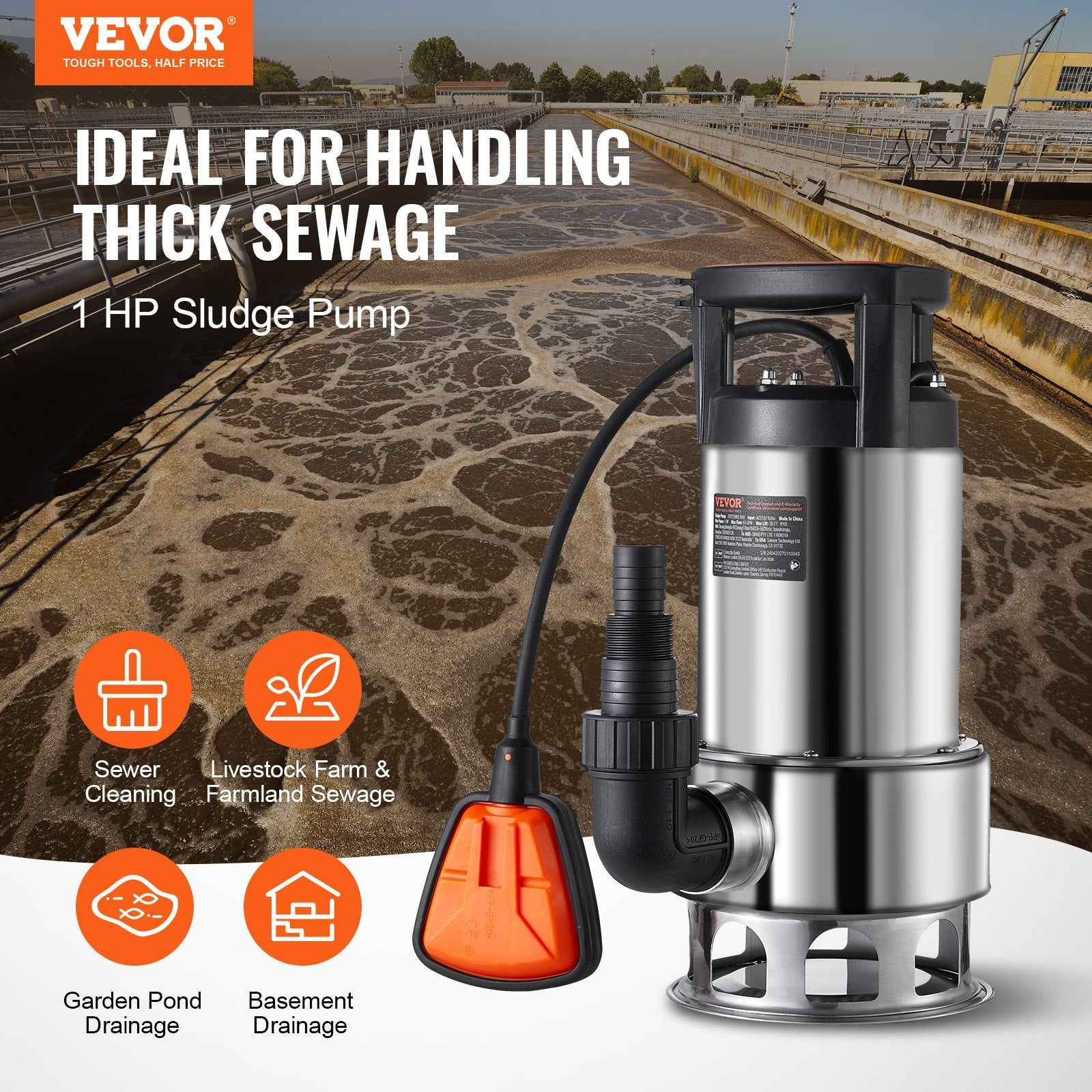 VEVOR 1HP Sump Pump, 4020GPH, 30FT Lift Stainless Steel Submersible Sludge Pump with 26FT Power Cord Automatic ON/OFF Float Switch, Drain Clean/Dirty Water for Basement Flood Pool Pond Garden Hot Tub 