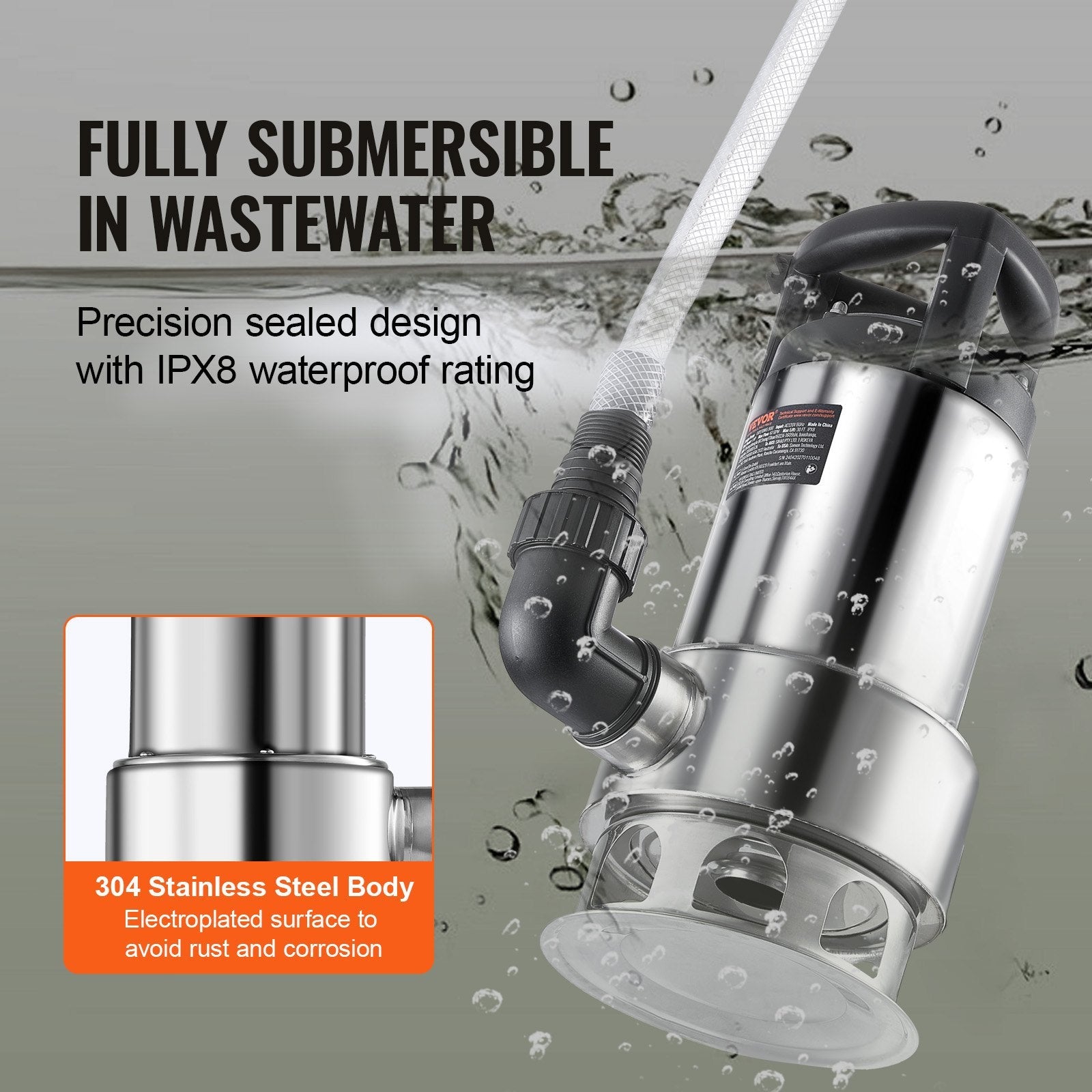 VEVOR 1HP Sump Pump, 4020GPH, 30FT Lift Stainless Steel Submersible Sludge Pump with 26FT Power Cord Automatic ON/OFF Float Switch, Drain Clean/Dirty Water for Basement Flood Pool Pond Garden Hot Tub 