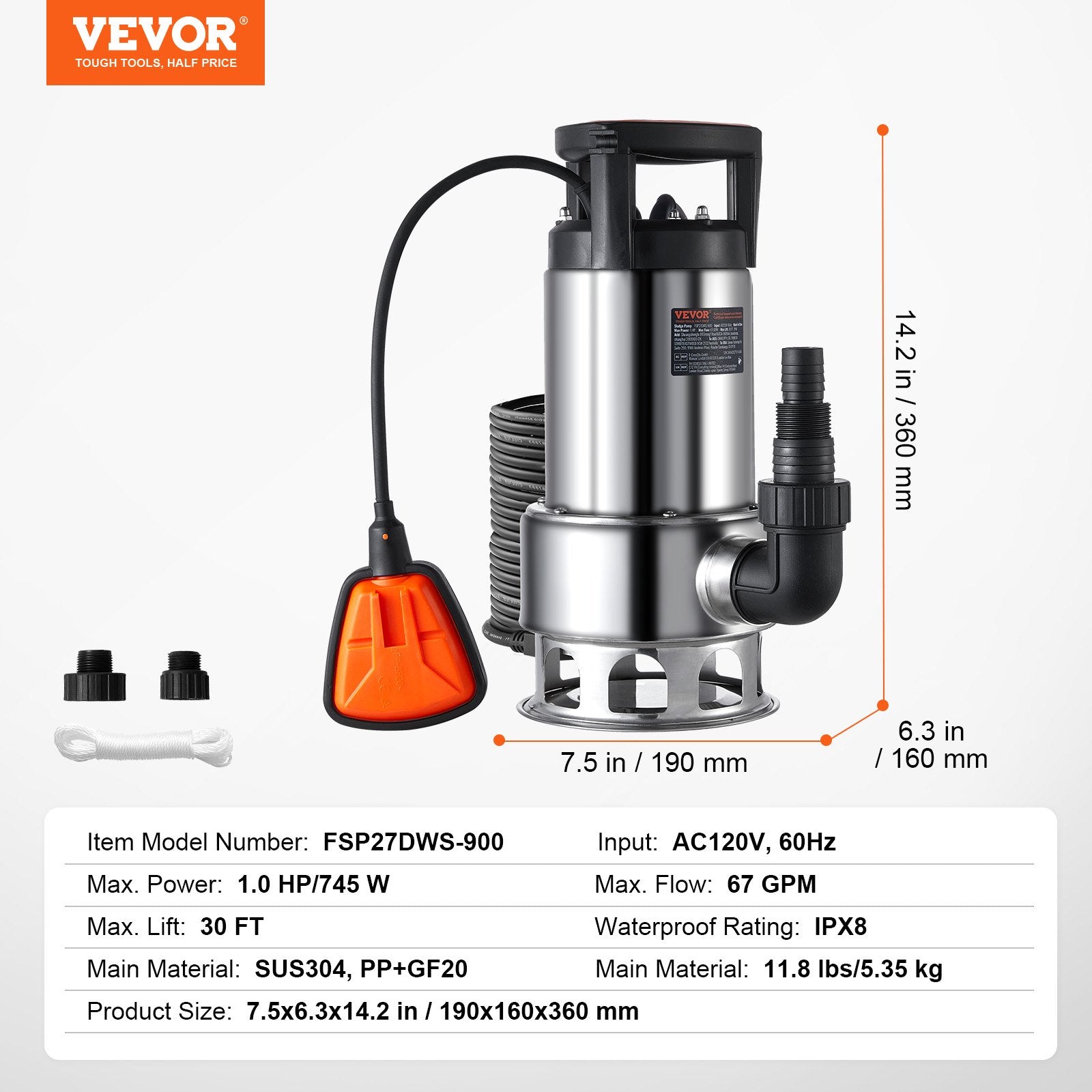 VEVOR 1HP Sump Pump, 4020GPH, 30FT Lift Stainless Steel Submersible Sludge Pump with 26FT Power Cord Automatic ON/OFF Float Switch, Drain Clean/Dirty Water for Basement Flood Pool Pond Garden Hot Tub 