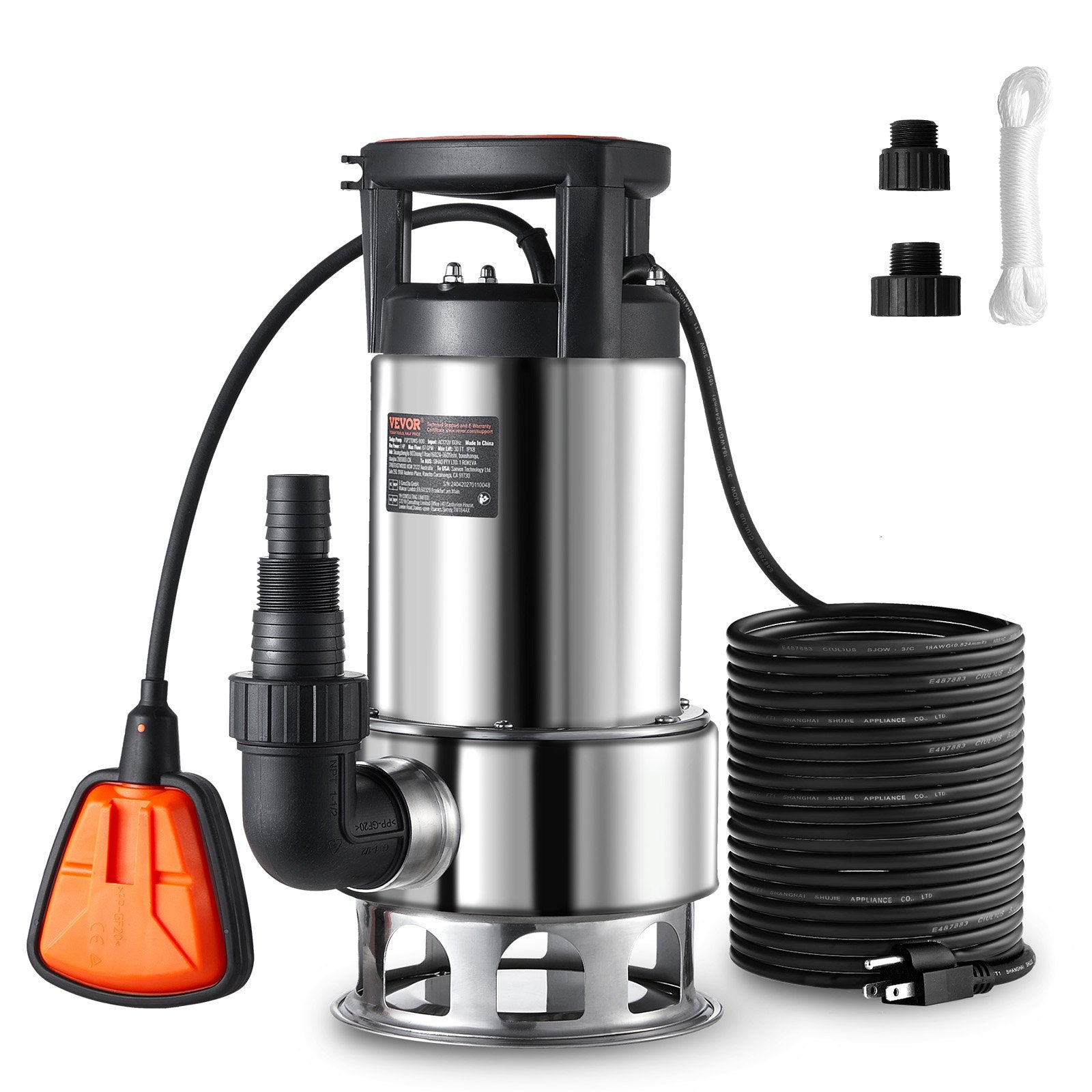 VEVOR 1HP Sump Pump, 4020GPH, 30FT Lift Stainless Steel Submersible Sludge Pump with 26FT Power Cord Automatic ON/OFF Float Switch, Drain Clean/Dirty Water for Basement Flood Pool Pond Garden Hot Tub 