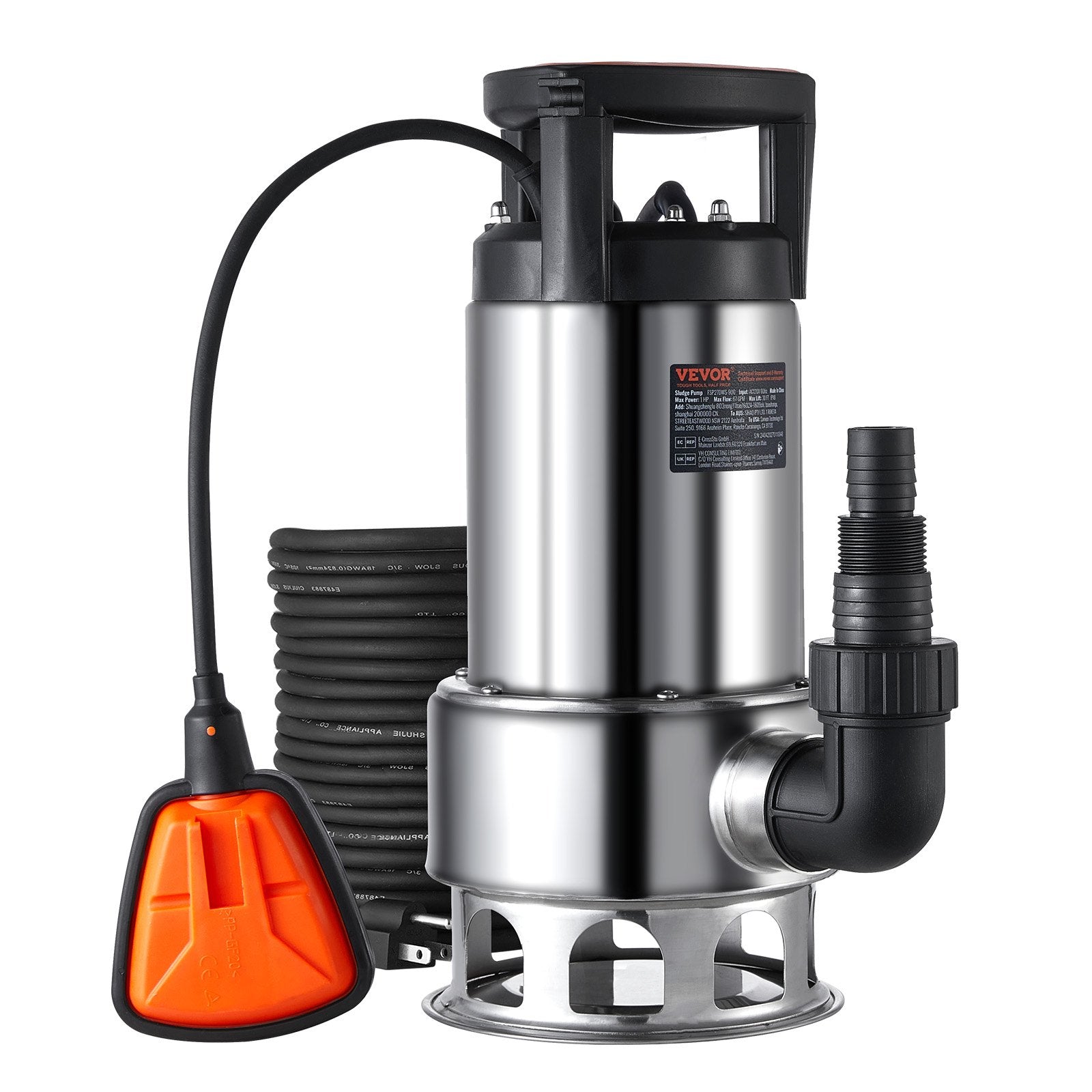 VEVOR 1HP Sump Pump, 4020GPH, 30FT Lift Stainless Steel Submersible Sludge Pump with 26FT Power Cord Automatic ON/OFF Float Switch, Drain Clean/Dirty Water for Basement Flood Pool Pond Garden Hot Tub 