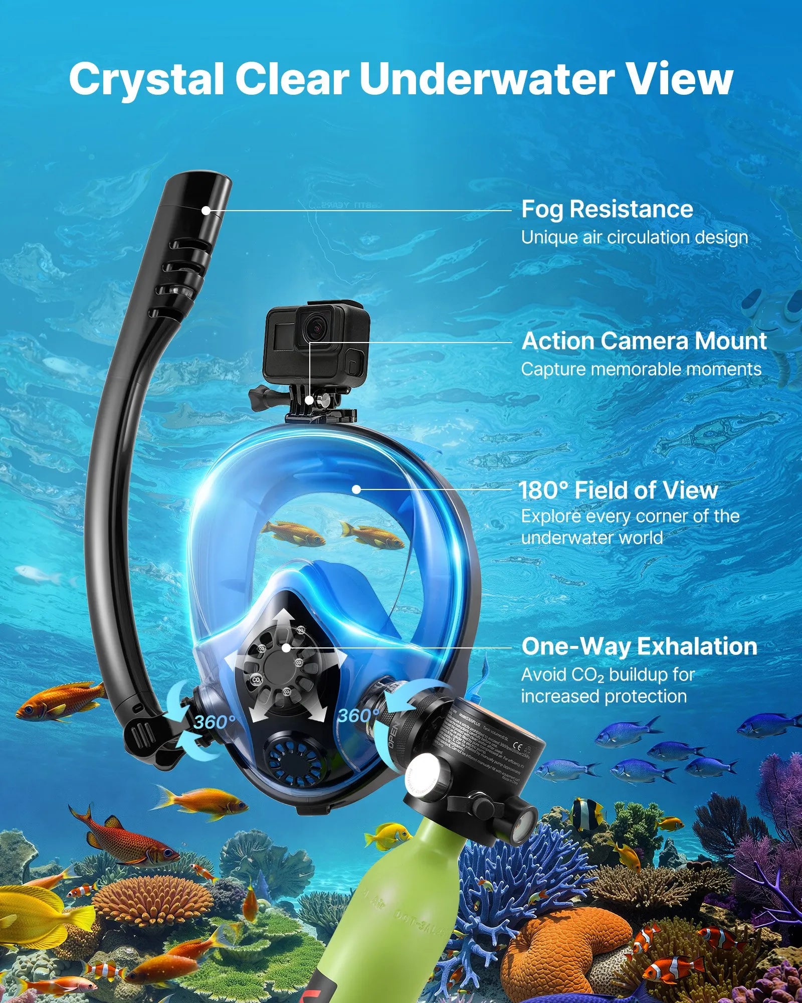 VEVOR Mini Scuba Tank with Full-Face Mask, 0.5L Portable Diving Air Tank, Up to 10 Minutes Underwater Breathing for Snorkeling & Shallow Water Use