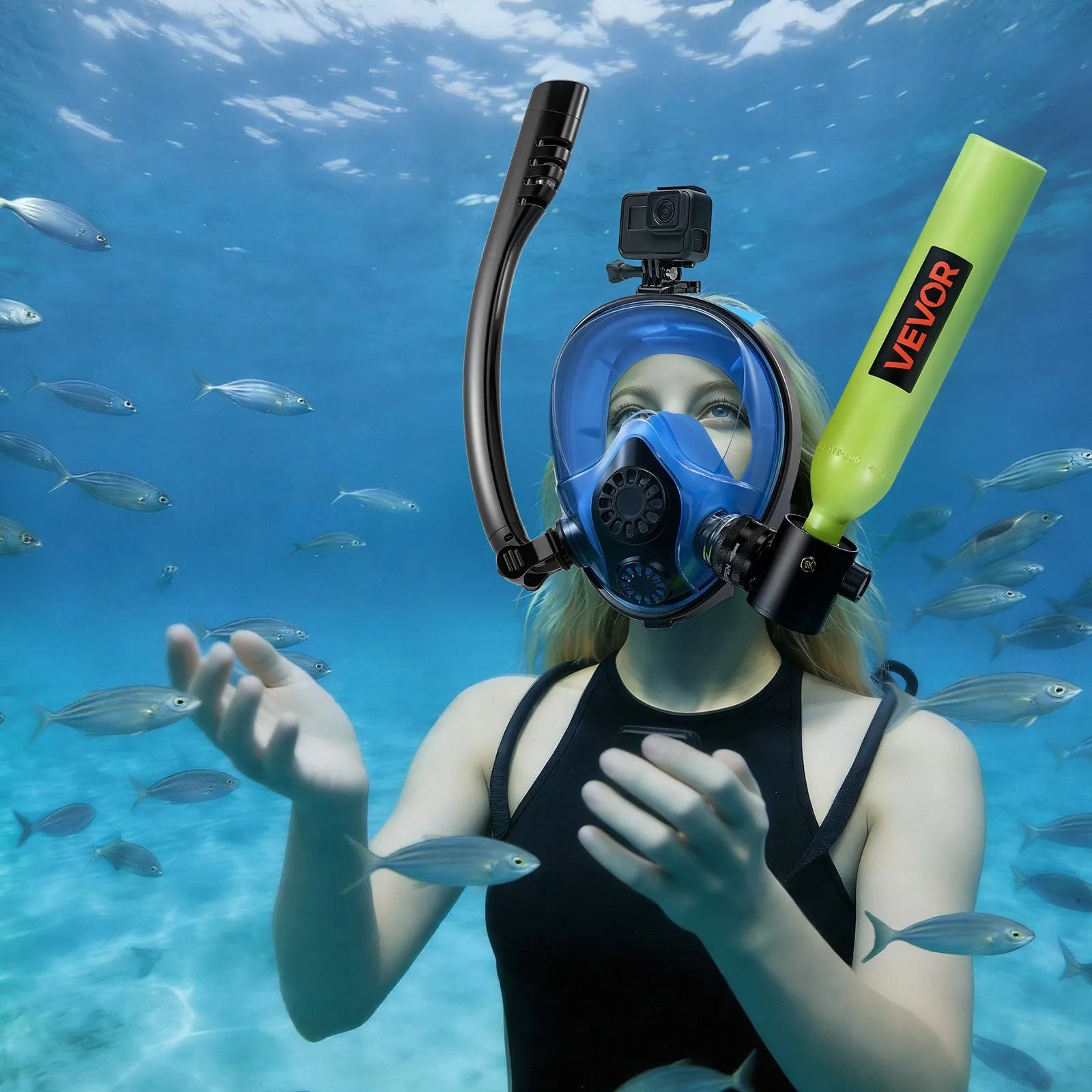VEVOR Mini Scuba Tank with Full-Face Mask, 0.5L Portable Diving Air Tank, Up to 10 Minutes Underwater Breathing for Snorkeling & Shallow Water Use