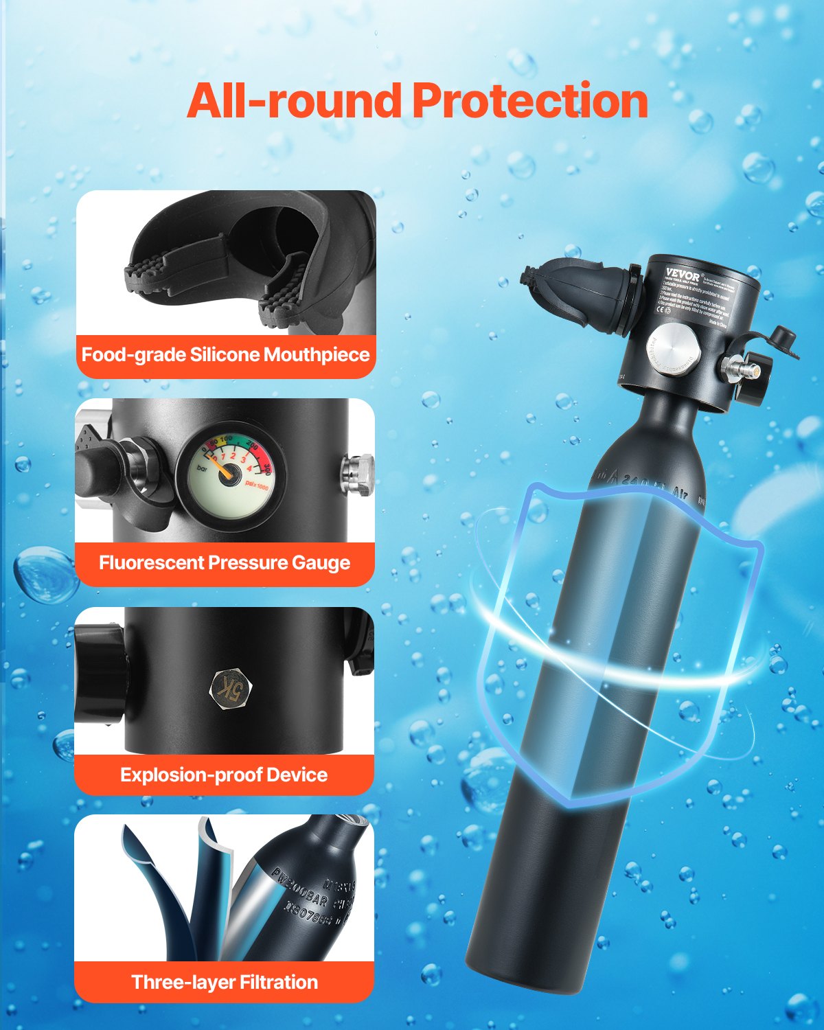 VEVOR 0.5L Scuba Tank 98.43 ft Diving Depth Lung Tank with Pump for Exploration 