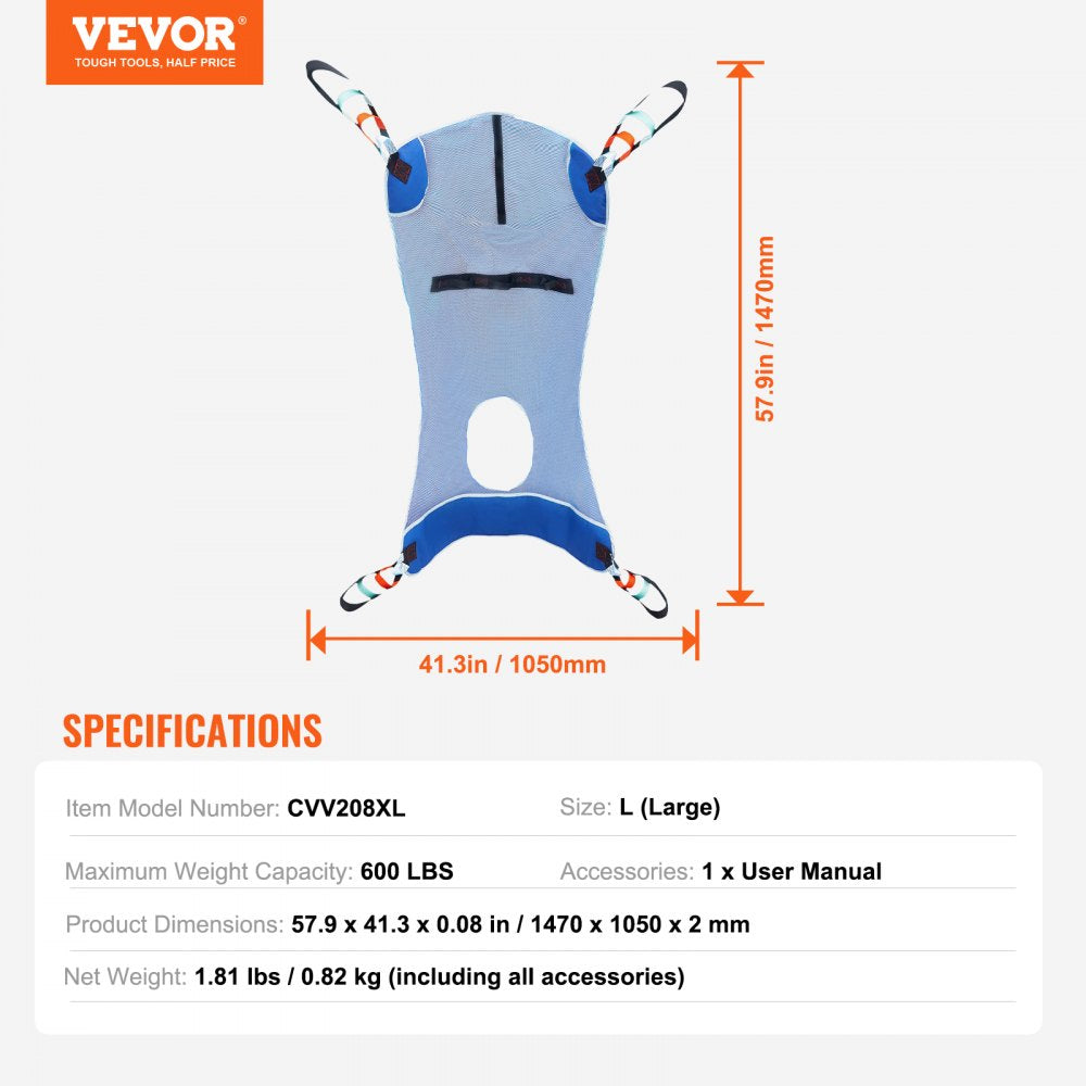 VEVOR Full Body Patient Lift Sling with Commode Opening Medical Aid Sling L-Size 