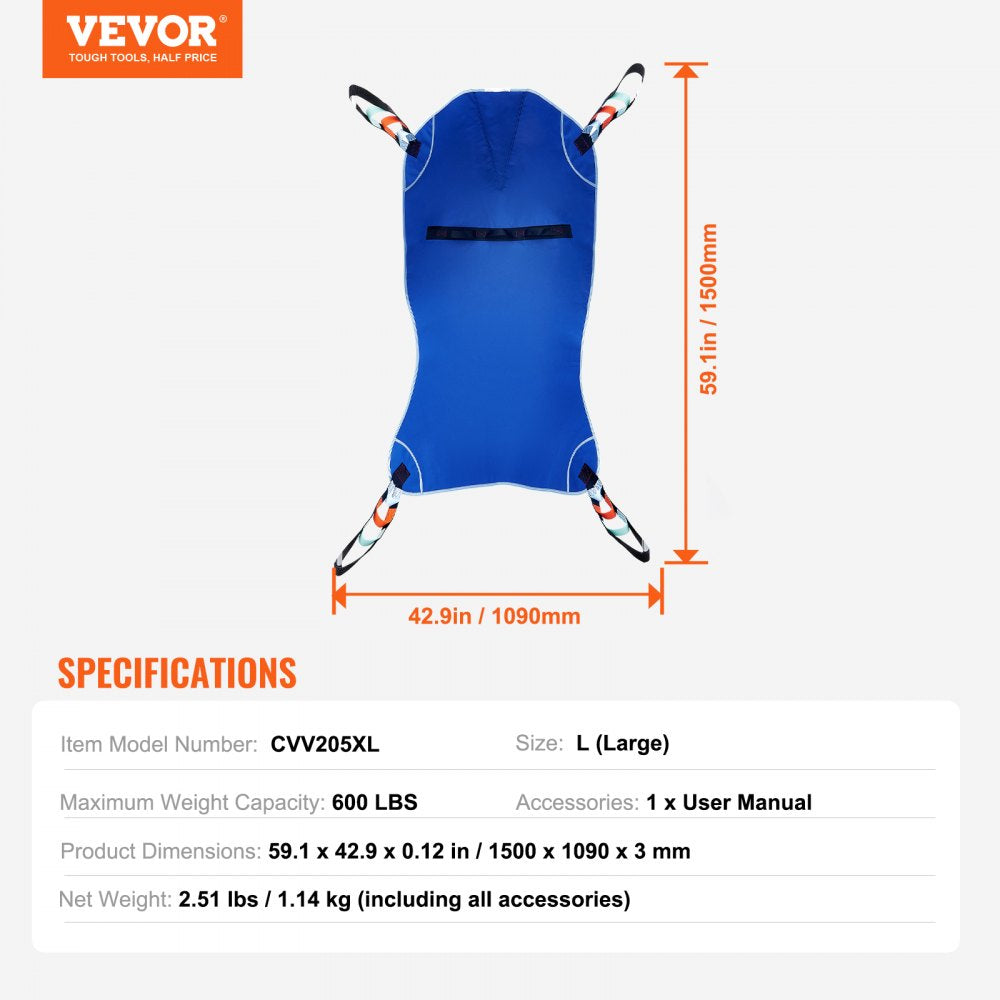 VEVOR Patient Lift Sling with Head Support Medium-Size U Shape Divided Leg Sling 