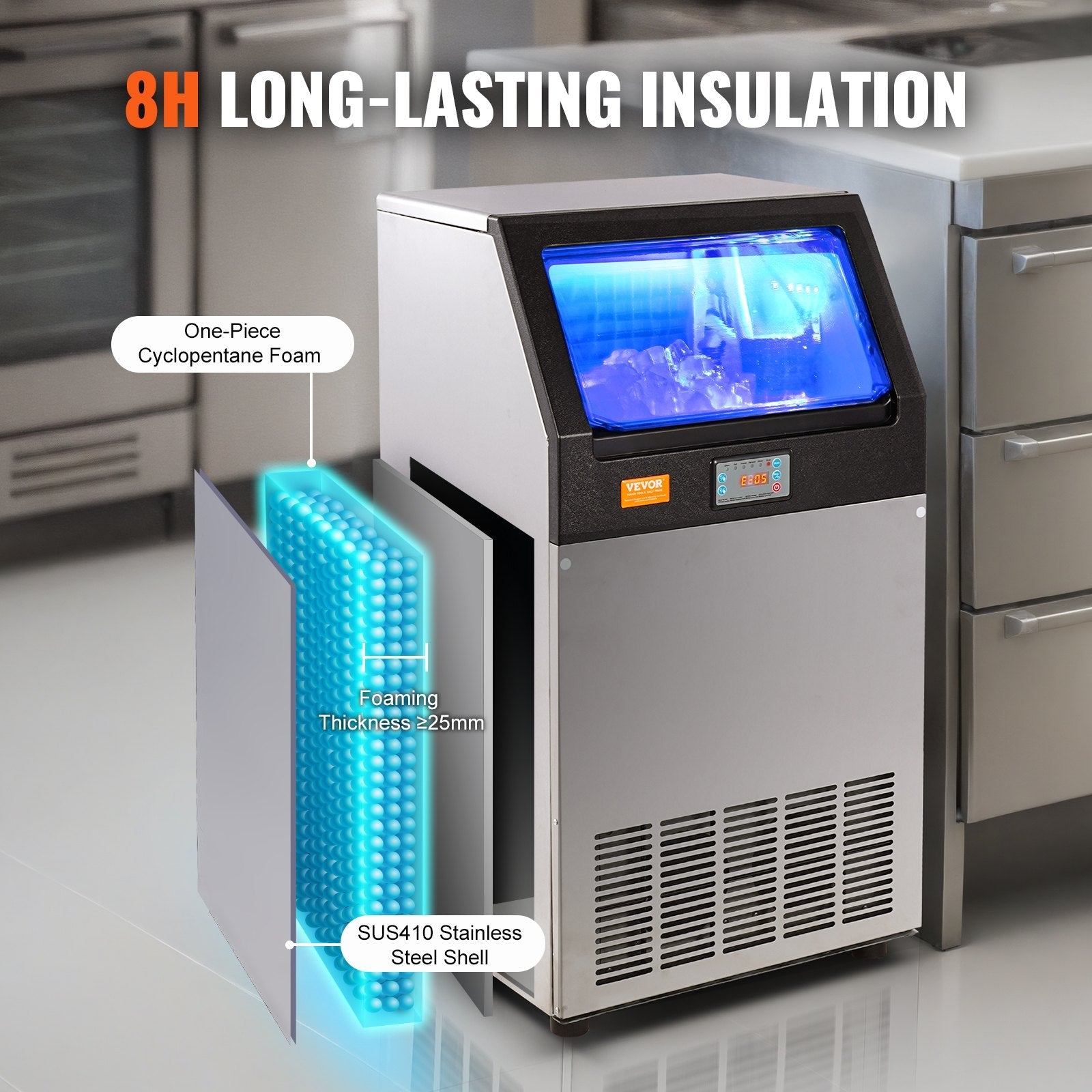 VEVOR Commercial Ice Maker, 100lbs/24H, Ice Maker Machine, 55 Ice Cubes in 12-15 Minutes, Freestanding Cabinet Ice Maker with 33lbs Storage Capacity LED Digital Display, for Bar Home Office Restaurant 