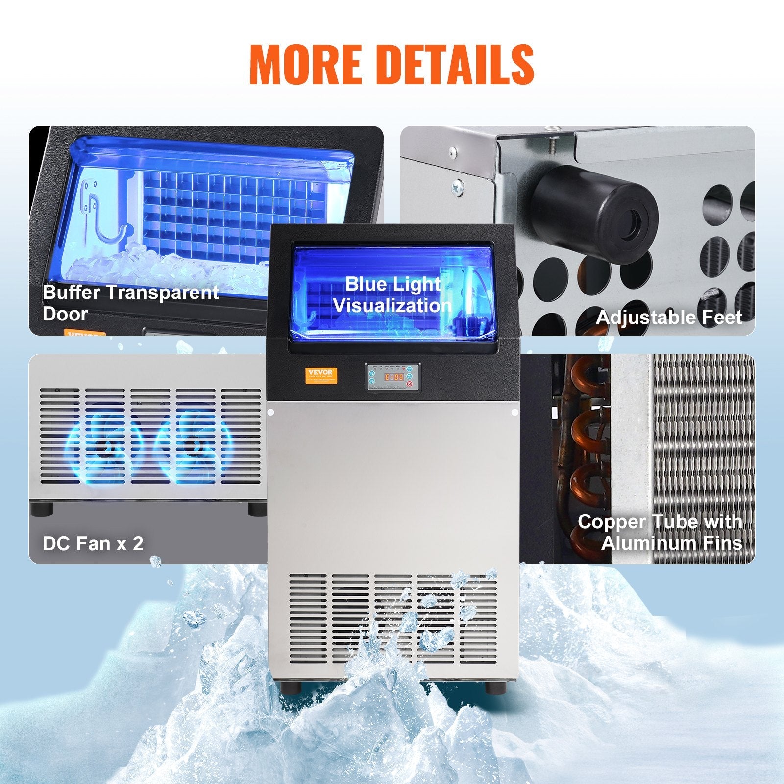 VEVOR Commercial Ice Maker, 100lbs/24H, Ice Maker Machine, 55 Ice Cubes in 12-15 Minutes, Freestanding Cabinet Ice Maker with 33lbs Storage Capacity LED Digital Display, for Bar Home Office Restaurant 